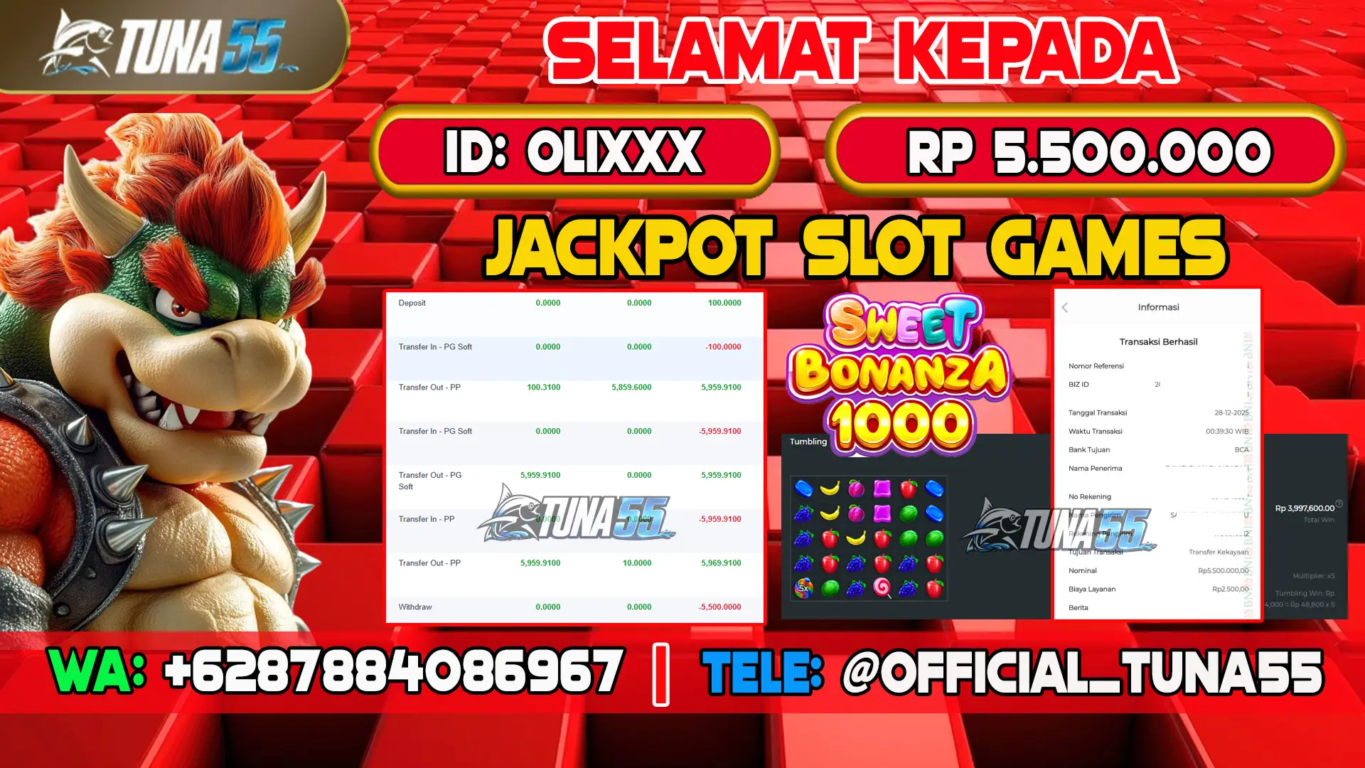 Bukti jackpot slot games Tuna55 dengan kemenangan Rp 5.500.000, menampilkan permainan Sweet Bonanza, ID pengguna OLIXXX