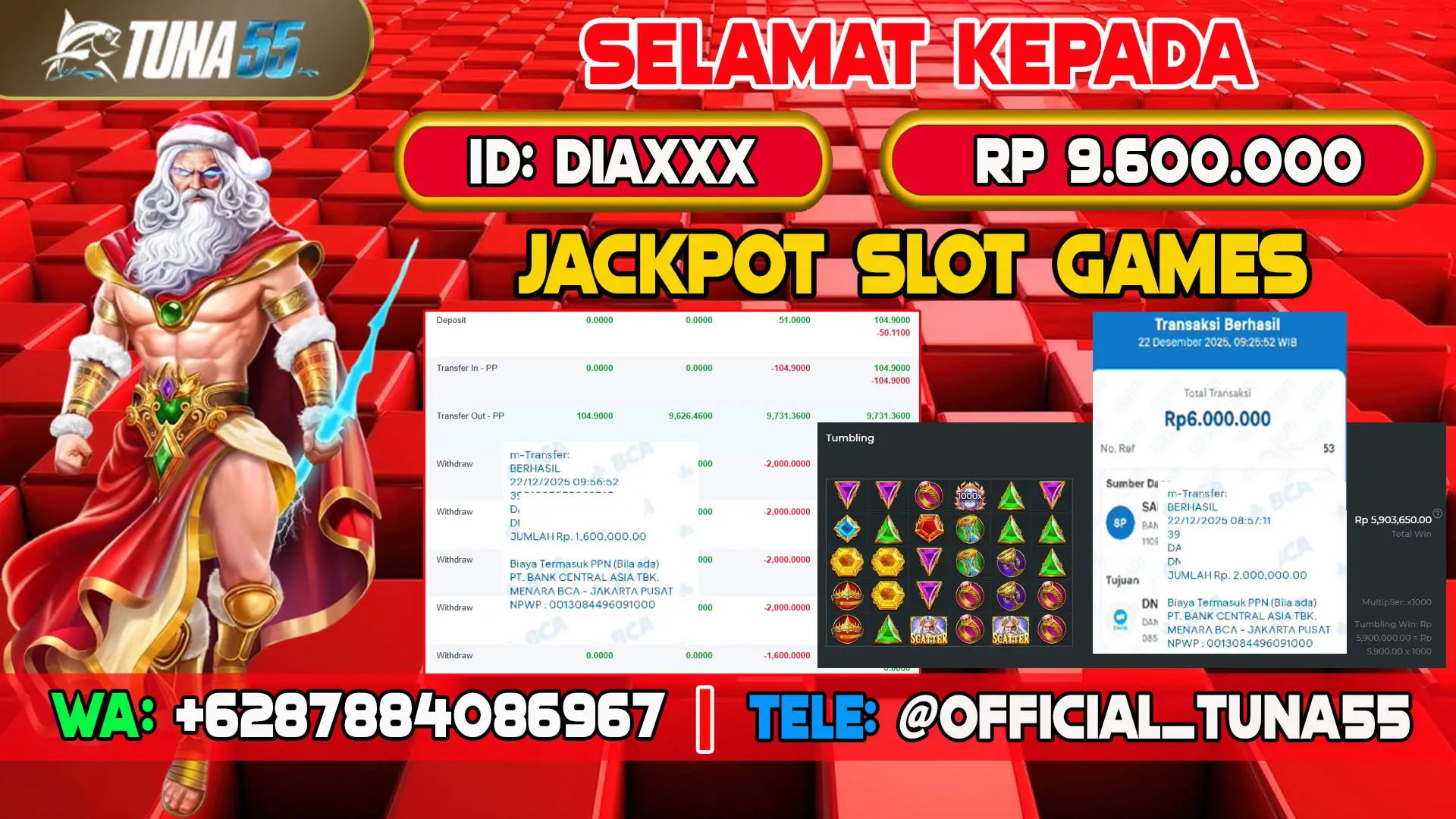 Bukti jackpot slot games Tuna55 dengan kemenangan Rp 9.600.000, menampilkan permainan Gates of Olympus 1000, ID pengguna DIAXXX