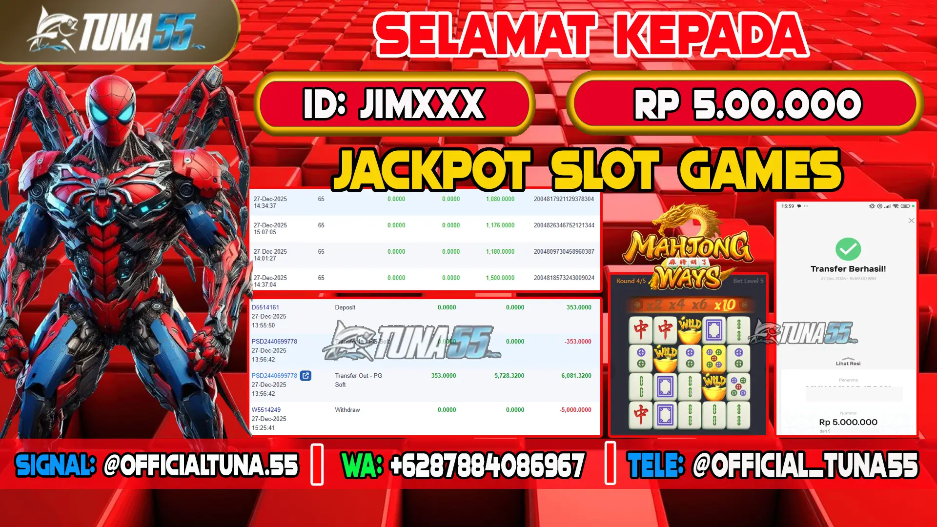 Bukti jackpot slot games Tuna55 dengan kemenangan Rp 5.000.000, menampilkan permainan Mahjong Ways, ID pengguna JIMXXX