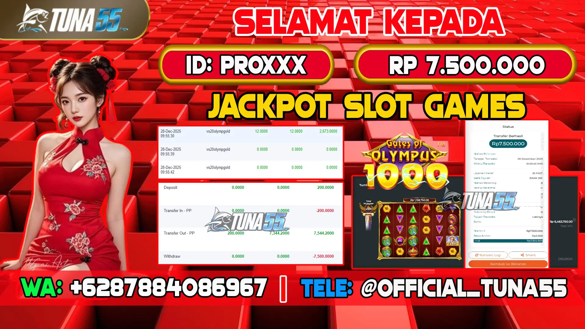 Bukti jackpot slot games Tuna55 dengan kemenangan Rp 7.500.000, menampilkan permainan Gates of Olympus, ID pengguna PROXXX