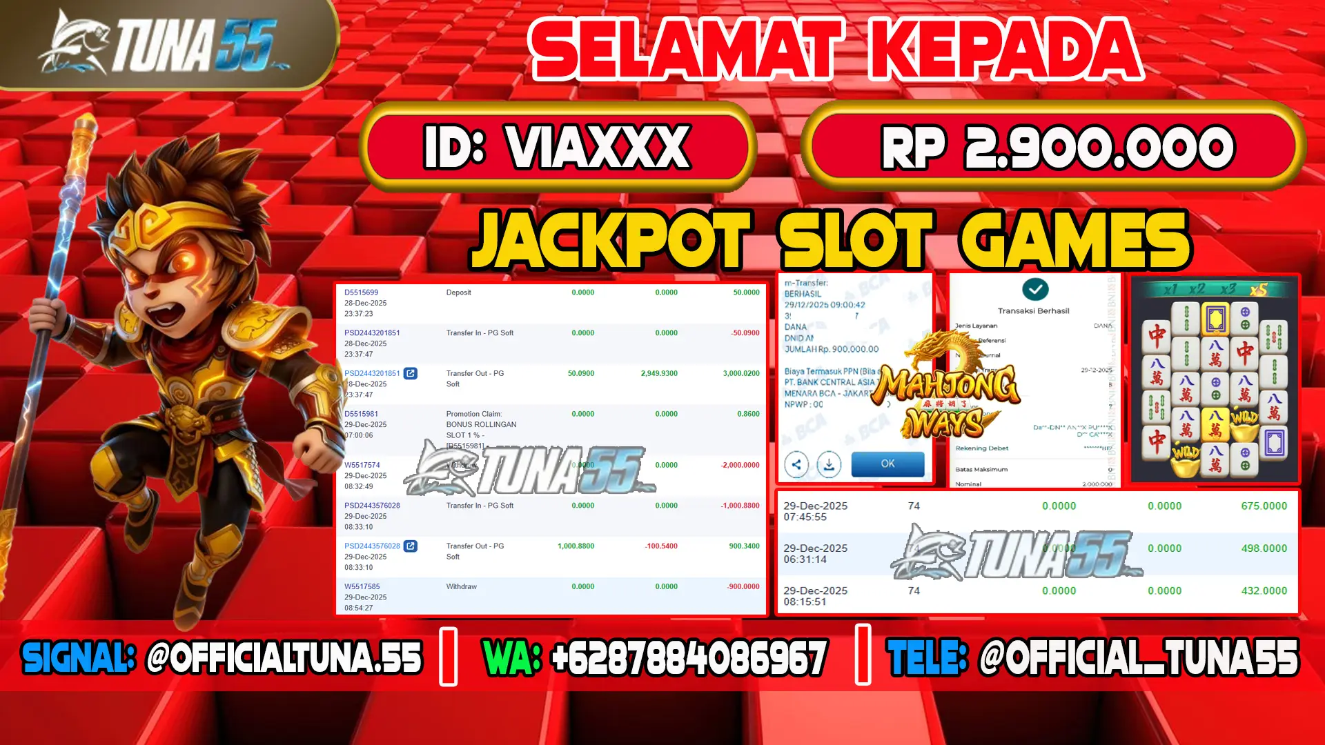 Bukti jackpot slot games Tuna55 dengan kemenangan Rp 2.900.000, menampilkan permainan Mahjong Ways, ID pengguna VIAXXX
