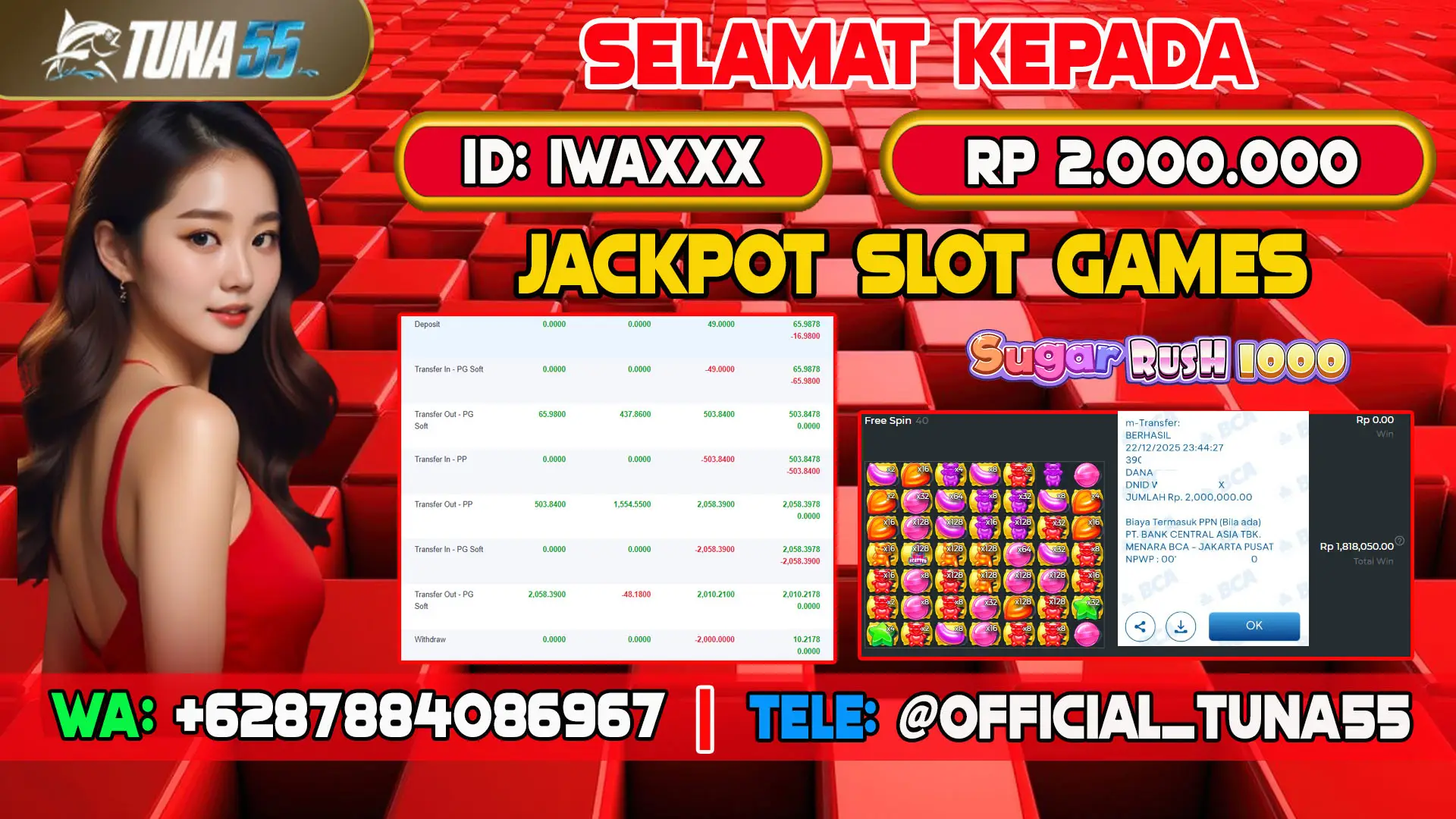 Bukti jackpot slot games Tuna55 dengan kemenangan Rp 2.000.000, menampilkan permainan Sugar Rush 1000, ID pengguna IWAXXX