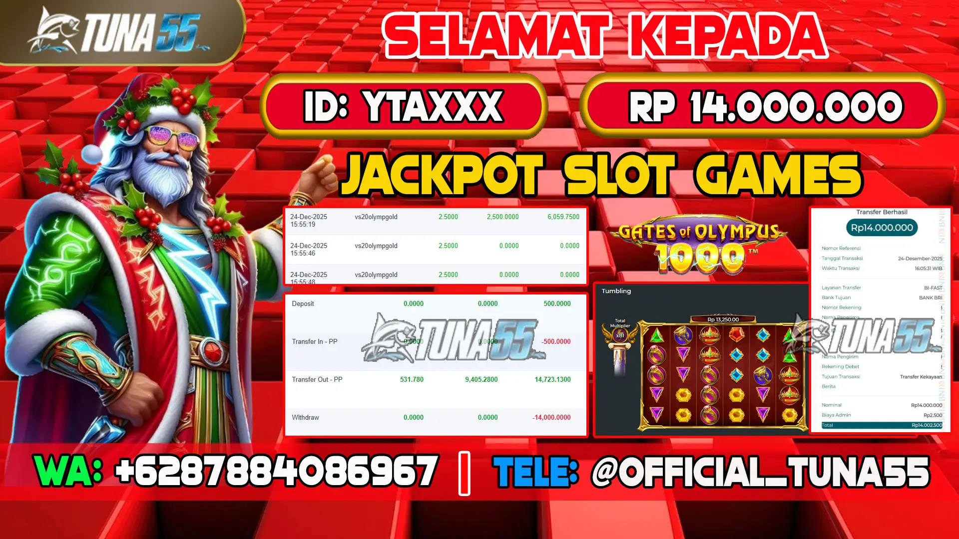 Bukti jackpot slot games Tuna55 dengan kemenangan Rp 14.000.000, menampilkan permainan Gates of Olympus 1000, ID pengguna YTAXXX