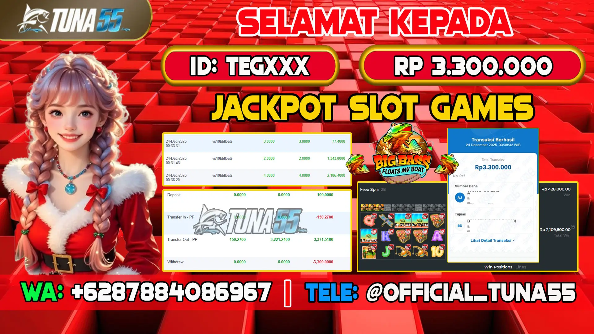 Bukti jackpot slot games Tuna55 dengan kemenangan Rp 3.300.000, menampilkan permainan Big Bass Floats My Boat, ID pengguna TEGXXX