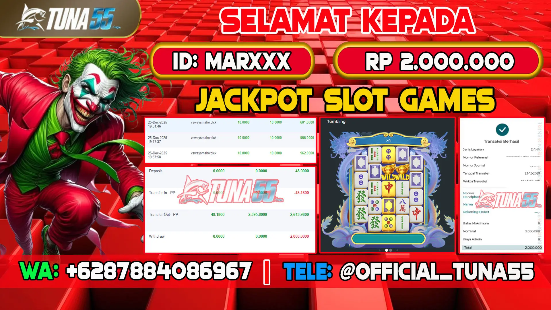 Bukti jackpot slot games Tuna55 dengan kemenangan Rp 2.000.000, menampilkan permainan Mahjong Wins, ID pengguna MARXXX
