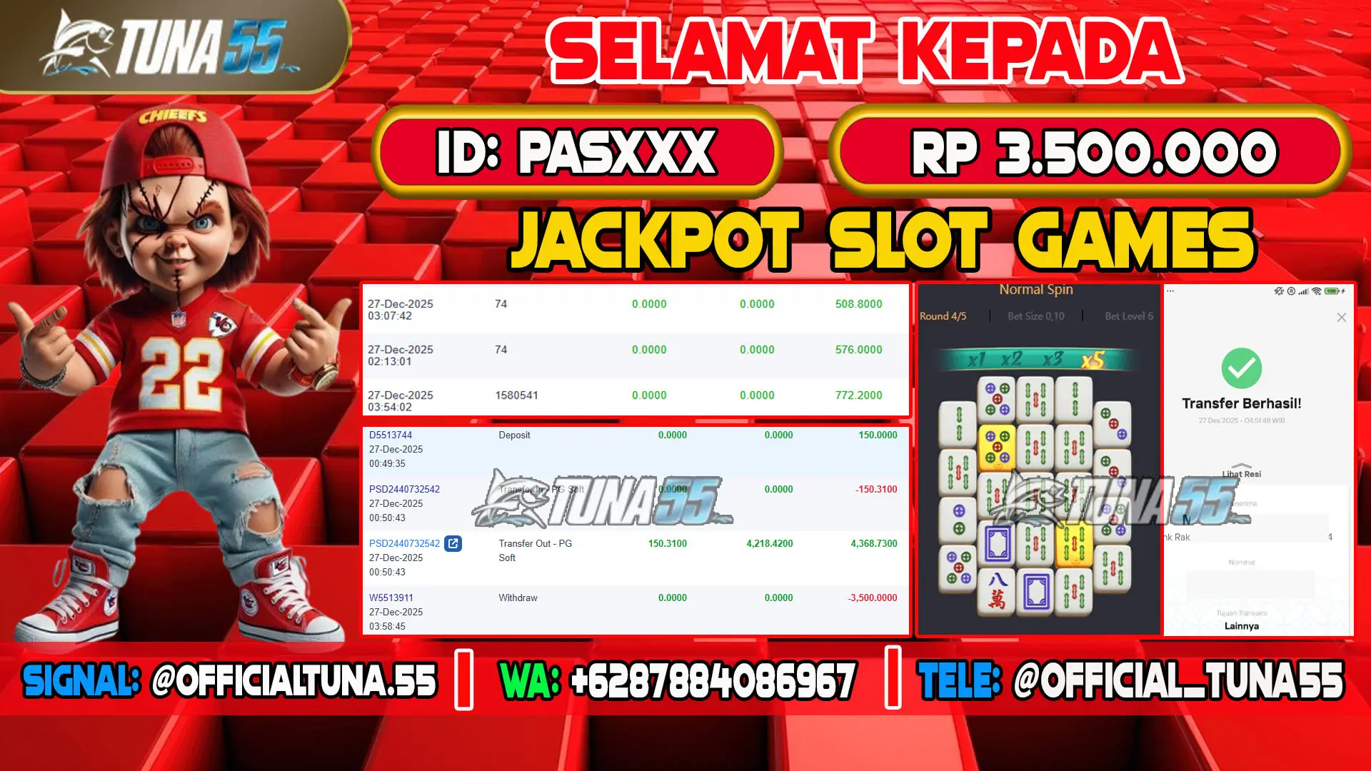 Bukti jackpot slot games Tuna55 dengan kemenangan Rp 3.500.000, menampilkan permainan Mahjong Ways, ID pengguna PASXXX