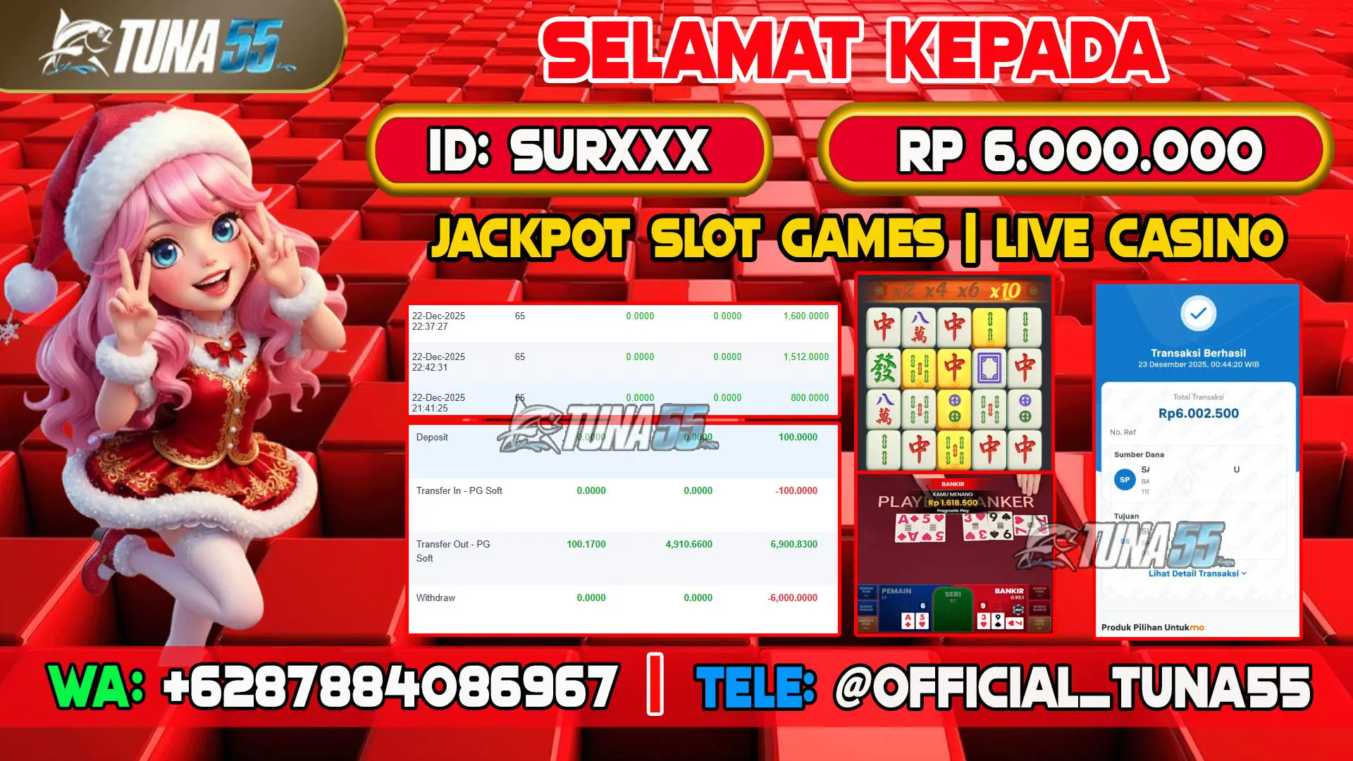 Bukti jackpot slot games dan live casino Tuna55 dengan kemenangan Rp 6.000.000, menampilkan permainan Mahjong Ways dan Bakarat, ID pengguna SURXXX