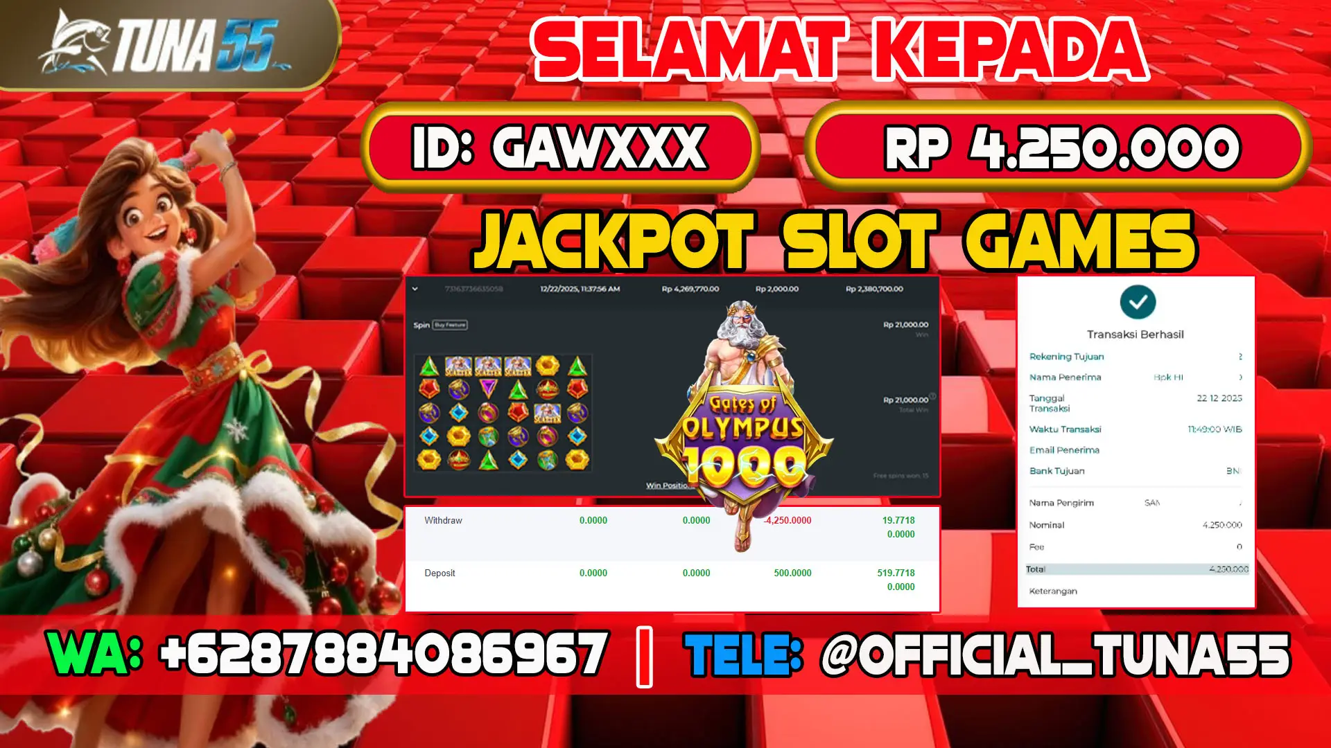 Bukti jackpot slot games Tuna55 dengan kemenangan Rp 4.250.000, menampilkan permainan Gates of Olympus 1000, ID pengguna GAWXXX