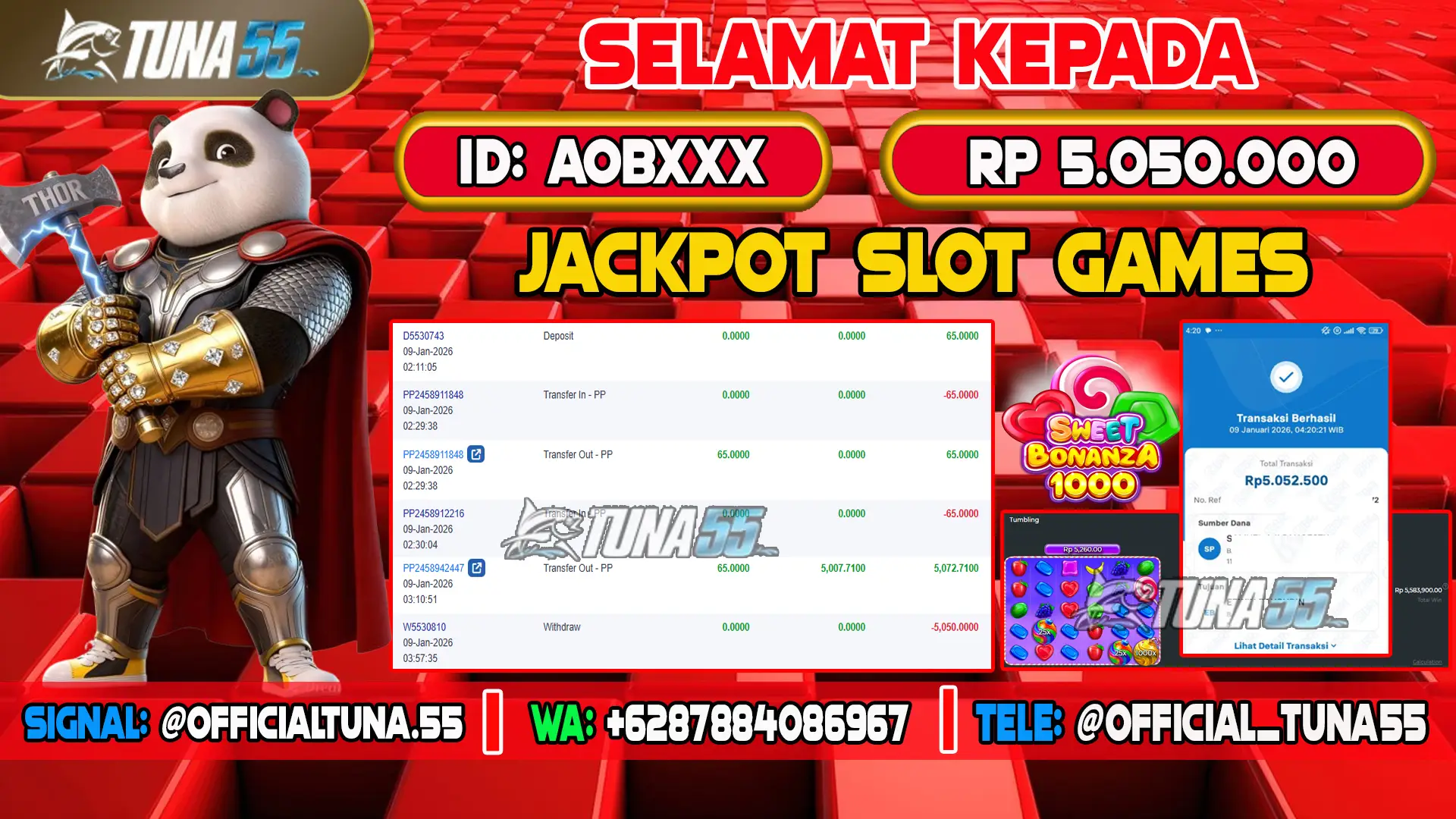 Bukti jackpot slot games Tuna55 dengan kemenangan Rp 5.050.000, menampilkan permainan Sweet Bonanza 1000, ID pengguna AOBXXX