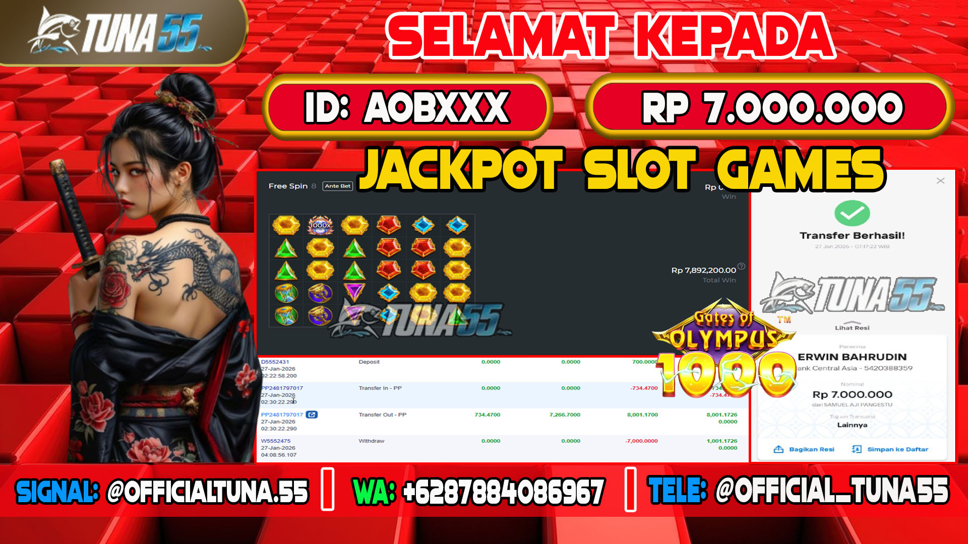 Bukti jackpot slot games Tuna55 dengan kemenangan Rp 7.000.000, menampilkan permainan Gates of Olympus, ID pengguna AOBXXX