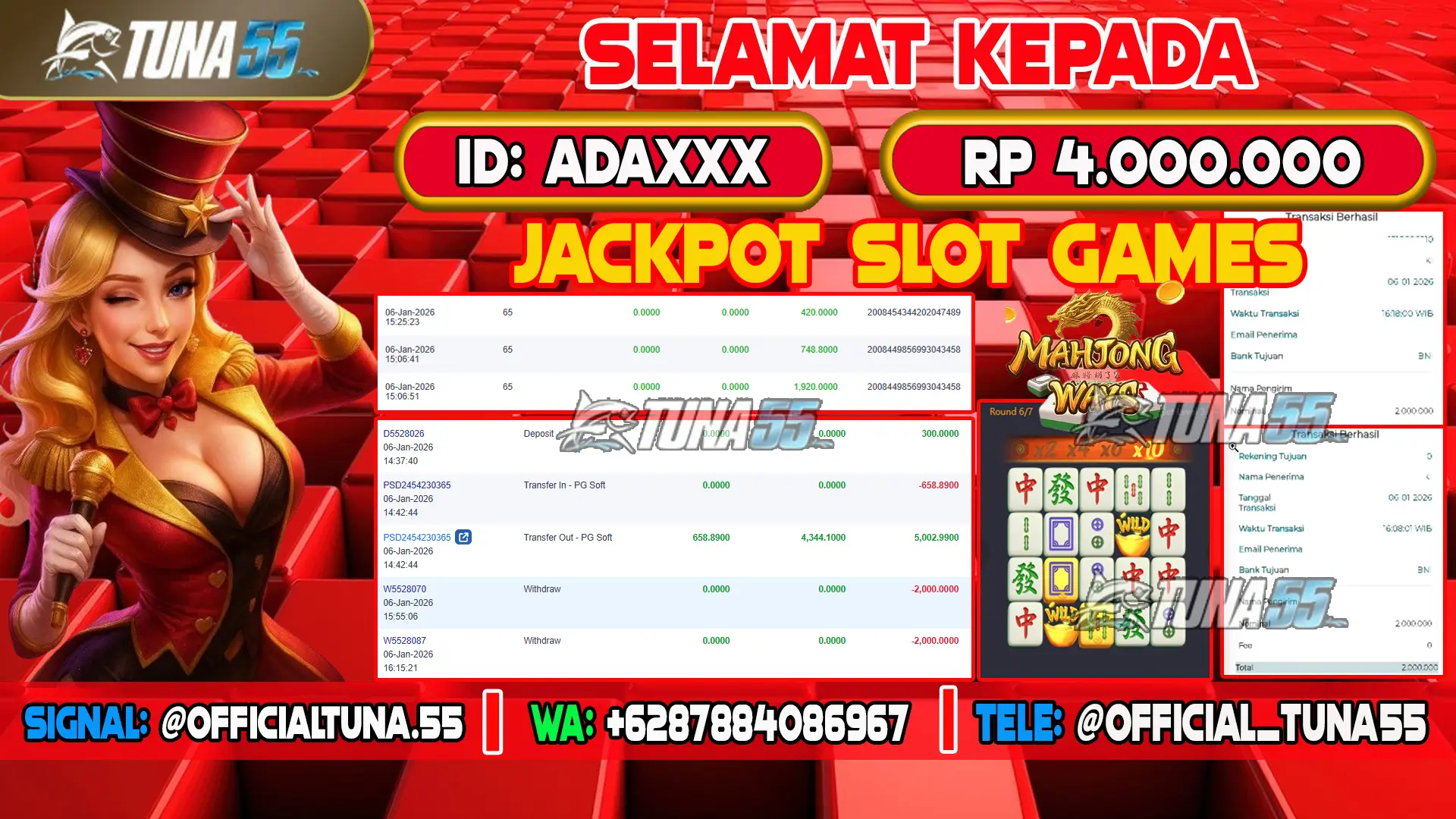 Bukti jackpot slot games Tuna55 dengan kemenangan Rp 4.000.000, menampilkan permainan Mahjong Ways, ID pengguna ADAXXX