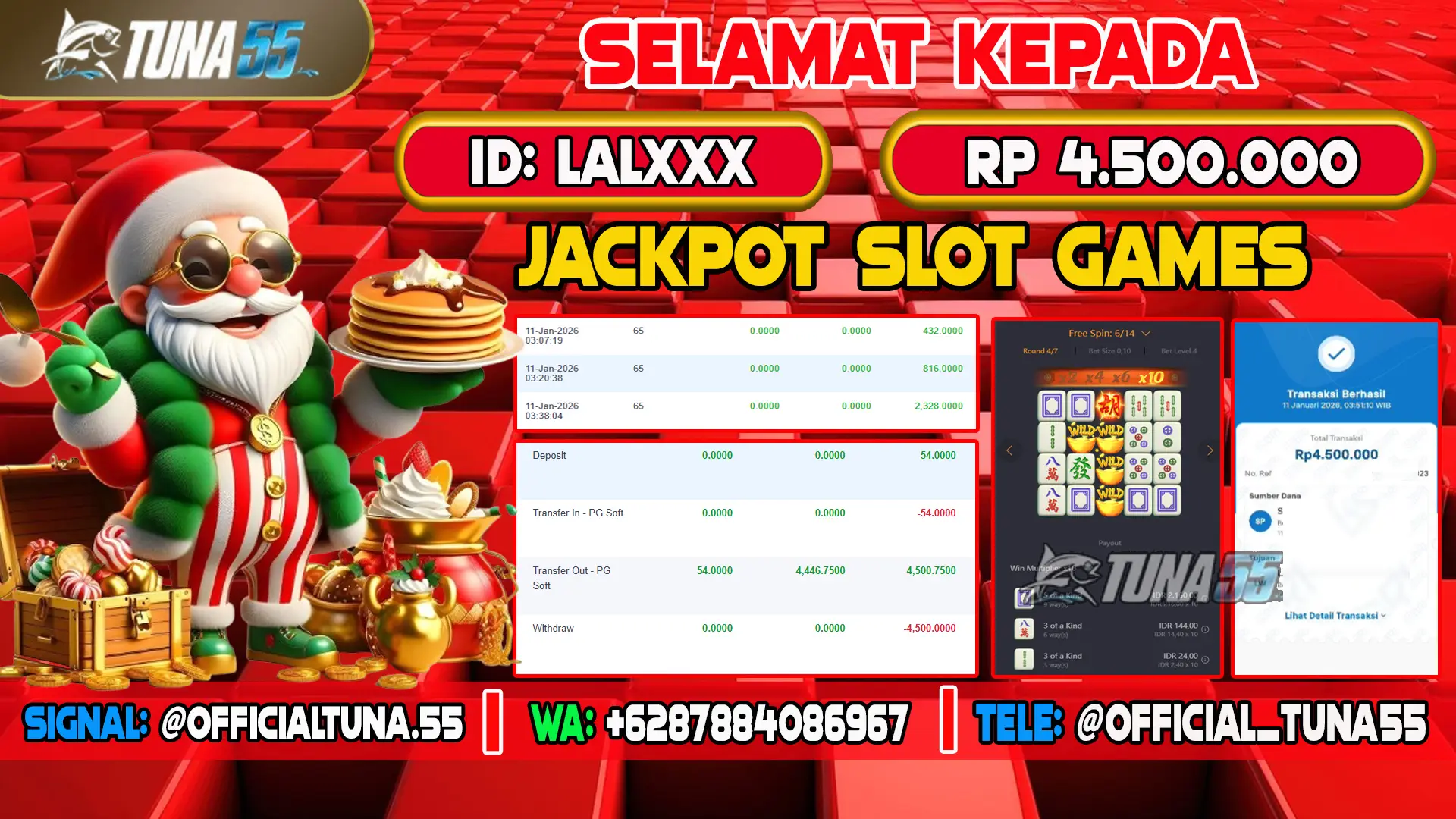 Bukti jackpot slot games Tuna55 dengan kemenangan Rp 4.500.000, menampilkan permainan Mahjong Ways, ID pengguna LALXXX