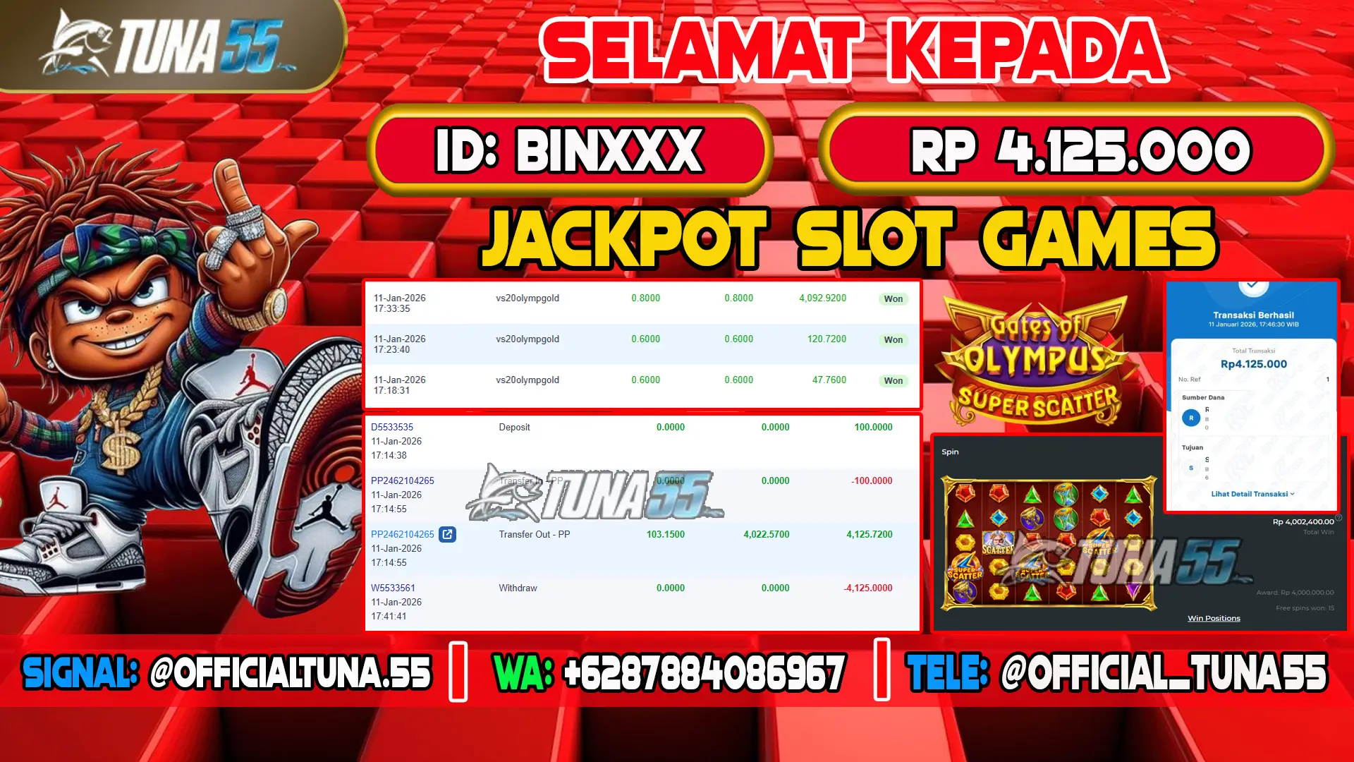 Bukti jackpot slot games Tuna55 dengan kemenangan Rp 4.125.000, menampilkan permainan Gates of Olympus Super Scatter, ID pengguna BINXXX