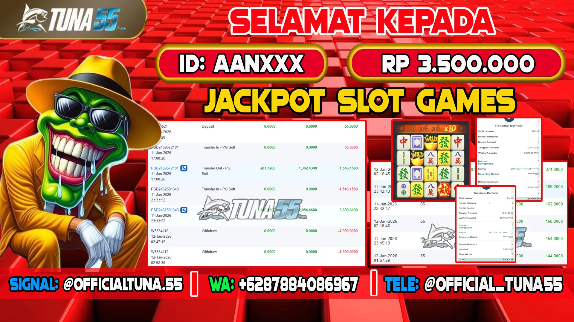 Bukti jackpot slot games Tuna55 dengan kemenangan Rp 3.500.000, menampilkan permainan Mahjong Ways, ID pengguna AANXXX