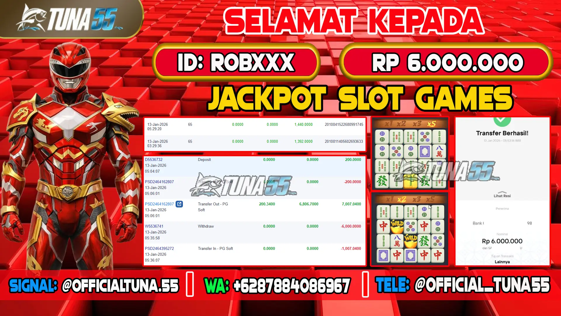 Bukti jackpot slot games Tuna55 dengan kemenangan Rp 6.000.000, menampilkan permainan Mahjong Ways, ID pengguna ROBXXX