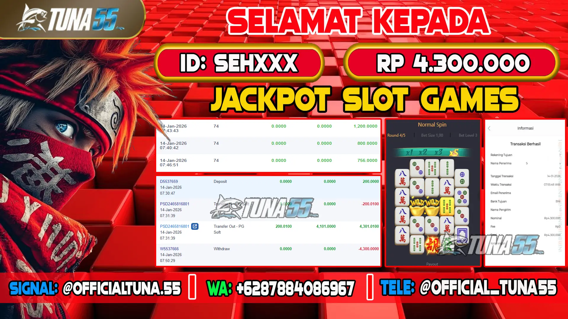 Bukti jackpot slot games Tuna55 dengan kemenangan Rp 4.300.000, menampilkan permainan Mahjong Ways, ID pengguna SEHXXX