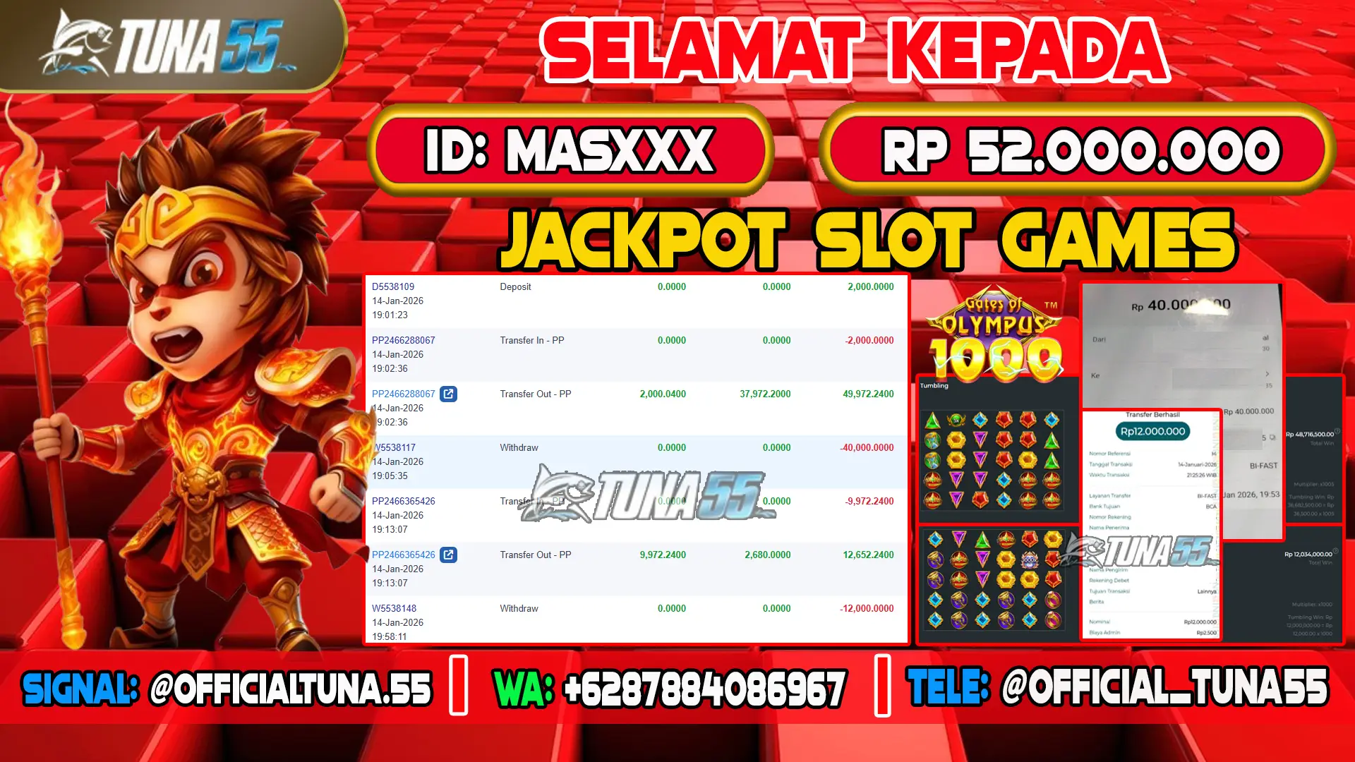 Bukti jackpot slot games Tuna55 dengan kemenangan Rp 52.000.000, menampilkan permainan gates of Olympus 1000, ID pengguna MASXXX