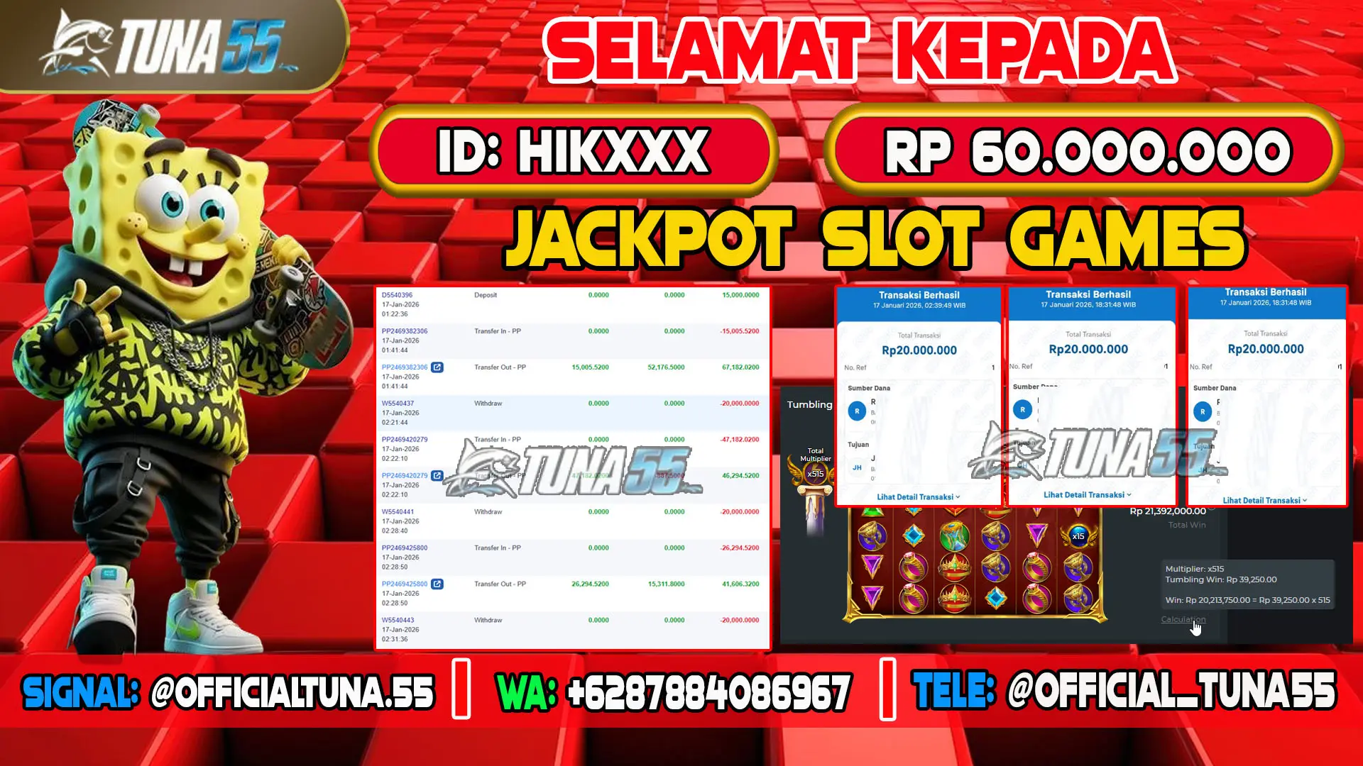 Bukti jackpot slot games Tuna55 dengan kemenangan Rp 60.000.000, menampilkan permainan Gates of Olympus 1000, ID pengguna HIKXXX