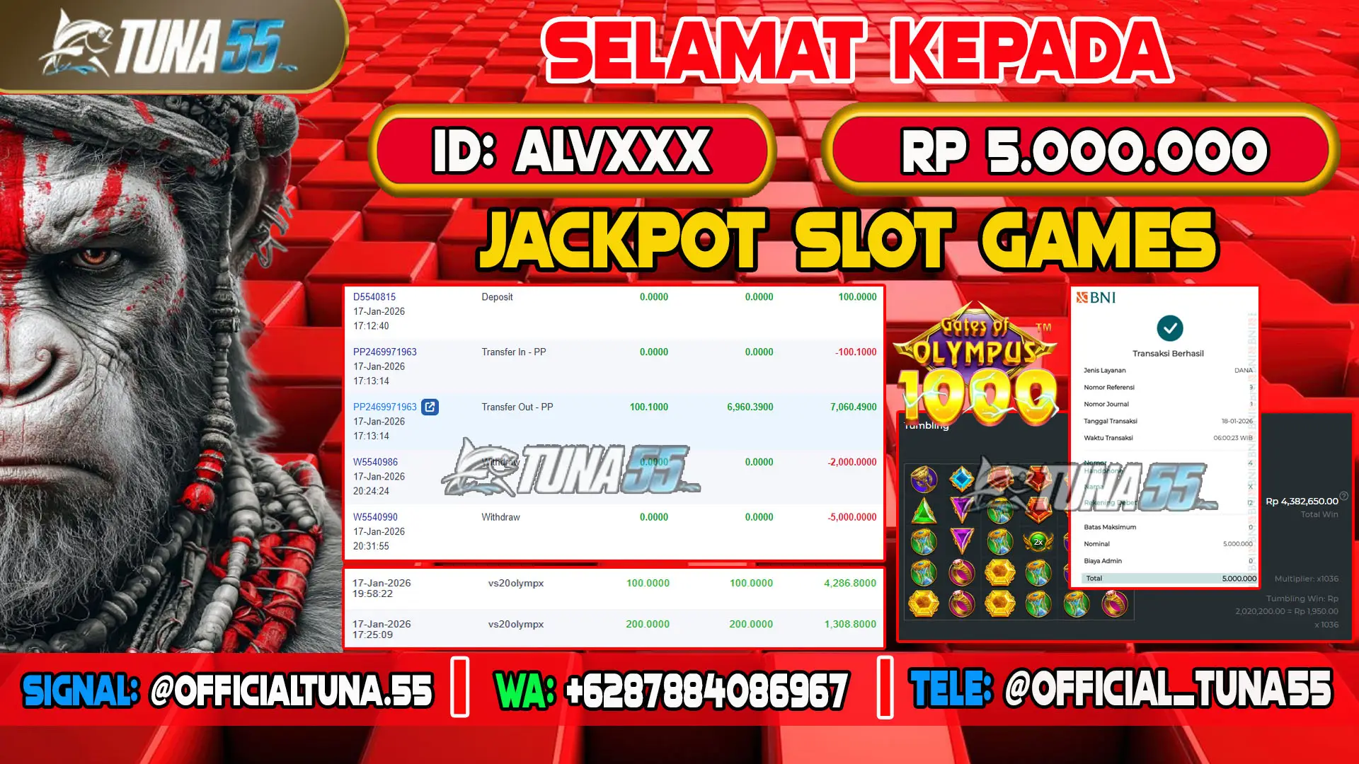 Bukti jackpot slot games Tuna55 dengan kemenangan Rp 5.000.000, menampilkan permainan Gates of Olympus 1000, ID pengguna ALVXXX