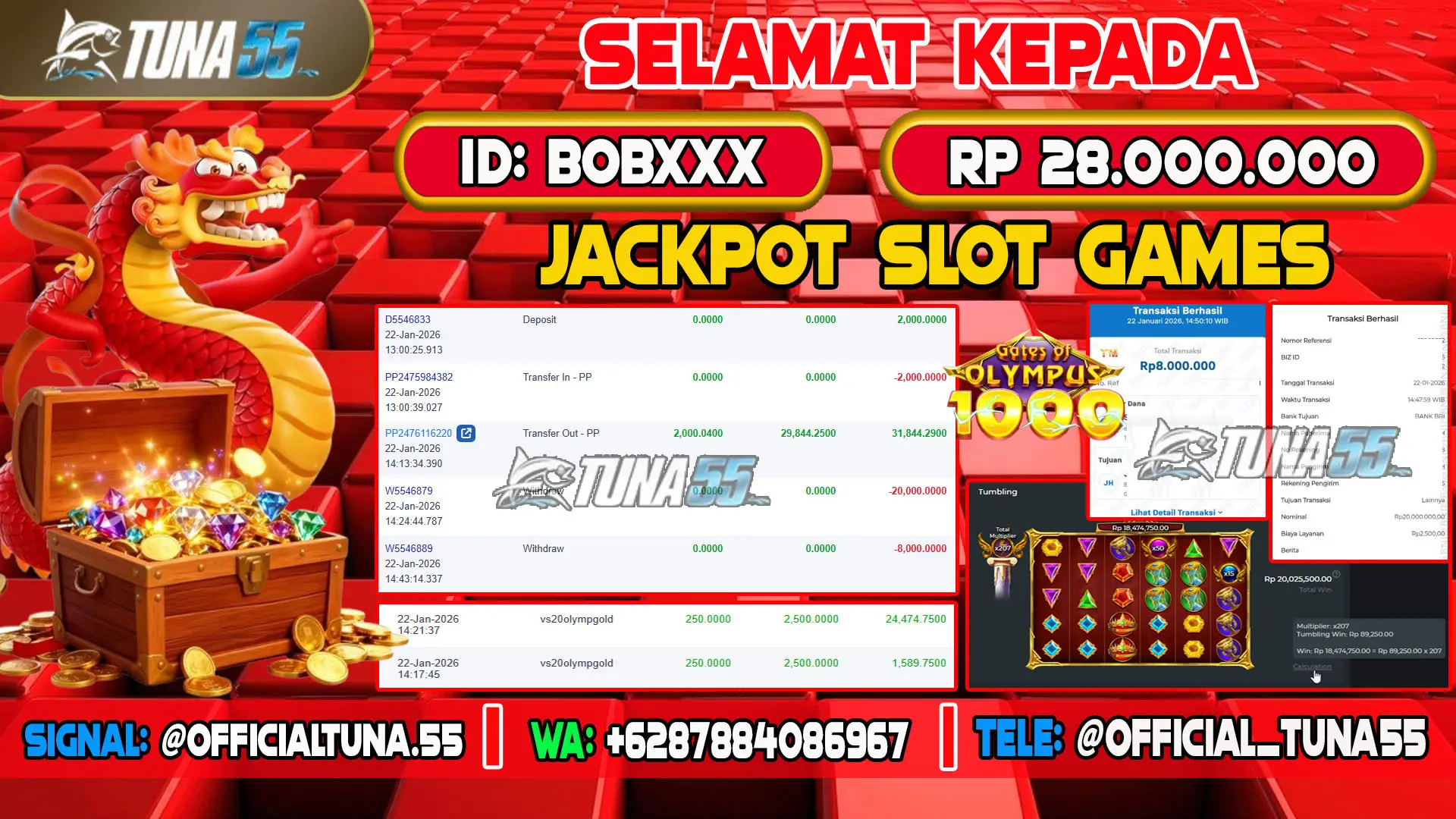 Bukti jackpot slot games Tuna55 dengan kemenangan Rp 28.000.000, menampilkan permainan Gates of Olympus 1000, ID pengguna BOBXXX