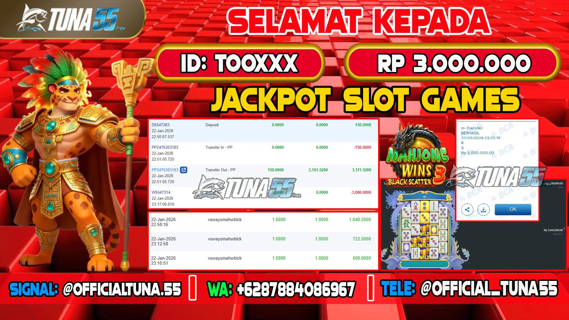 Bukti jackpot slot games Tuna55 dengan kemenangan Rp 3.000.000, menampilkan permainan Mahjong Wins 3 Black Scatter, ID pengguna TOOXXX