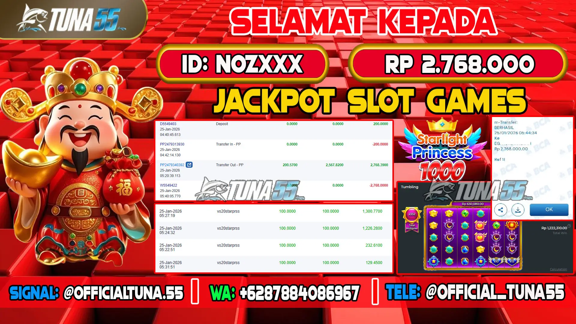Bukti jackpot slot games Tuna55 dengan kemenangan Rp 2.768.000, menampilkan permainan Starlight Princess 1000, ID pengguna NOZXXX