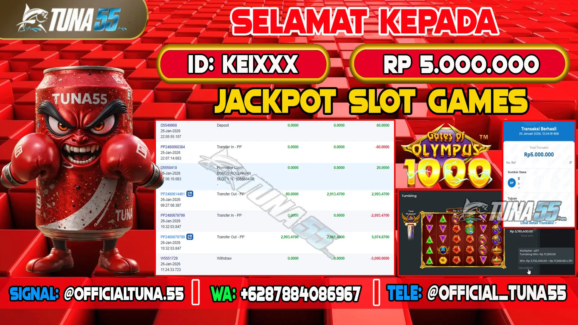 Bukti jackpot slot games Tuna55 dengan kemenangan Rp 5.000.000, menampilkan permainan Gates of Olympus, ID pengguna KEIXXX