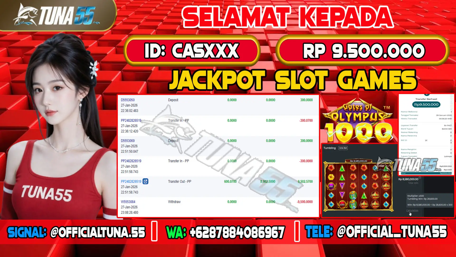 Bukti jackpot slot games Tuna55 dengan kemenangan Rp 9.500.000, menampilkan permainan Gates of Olympus, ID pengguna CASXXX