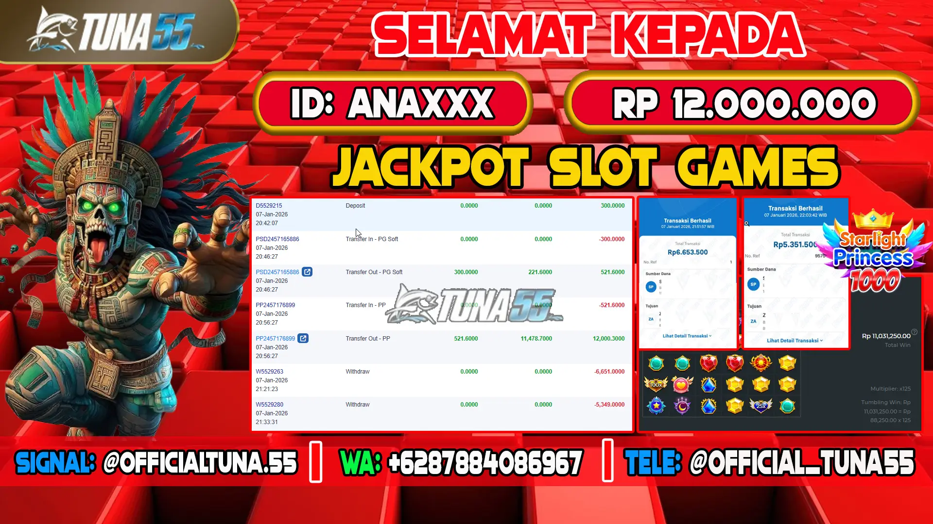 Bukti jackpot slot games Tuna55 dengan kemenangan Rp 12.000.000, menampilkan permainan Starlight Princess 1000, ID pengguna ANAXXX