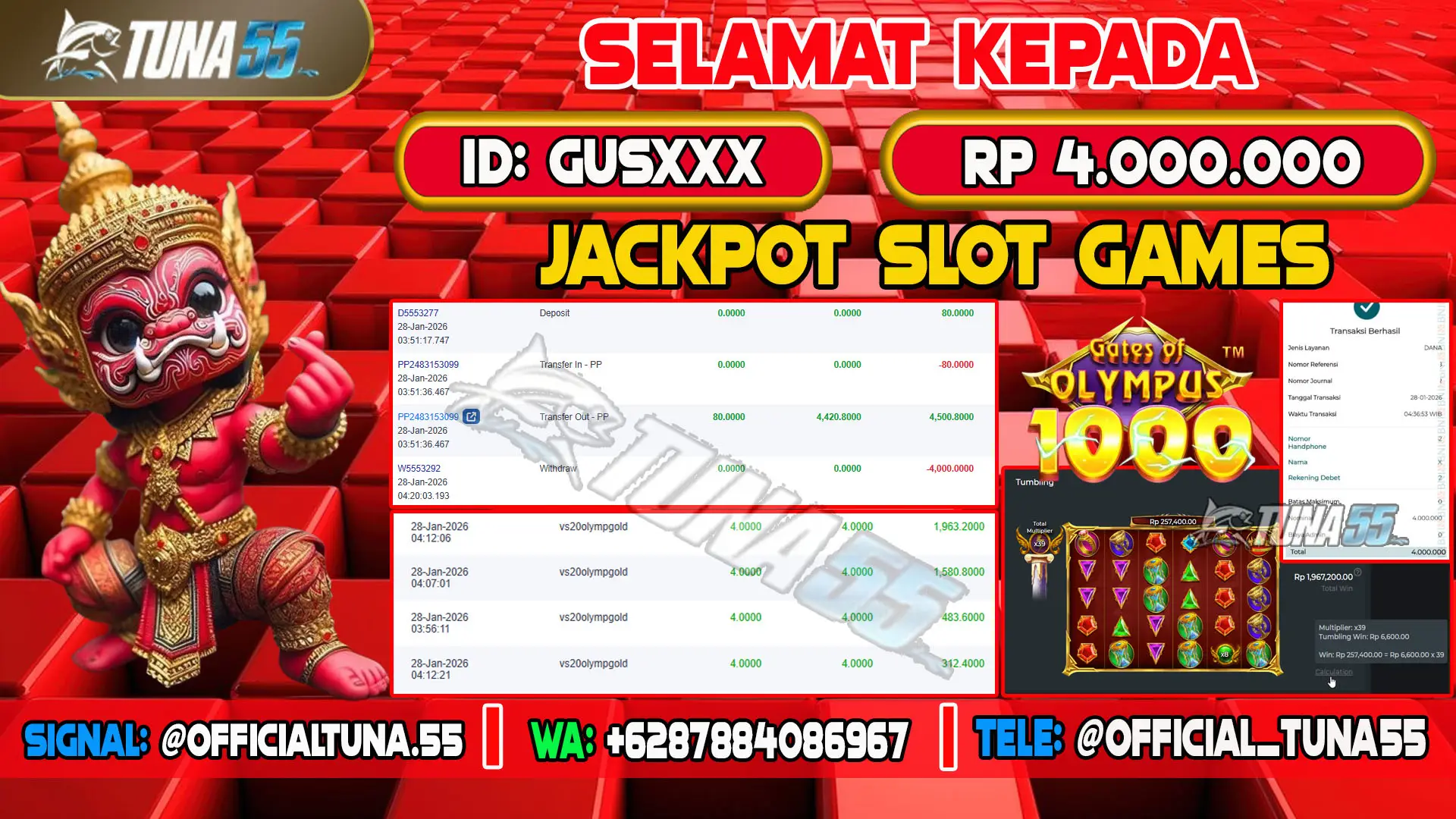 Bukti jackpot slot games Tuna55 dengan kemenangan Rp 4.000.000, menampilkan permainan Gates of Olympus, ID pengguna GUSXXX