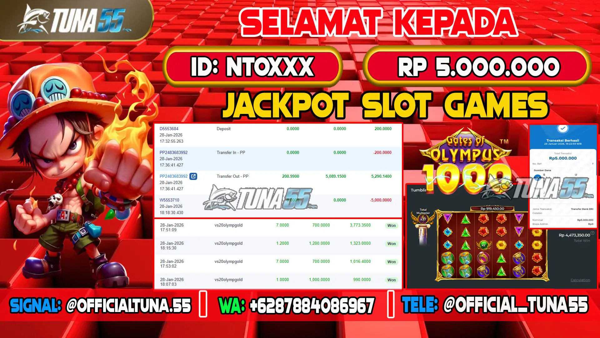 Bukti jackpot slot games Tuna55 dengan kemenangan Rp 5.000.000, menampilkan permainan Gates of Olympus, ID pengguna NTOXXX