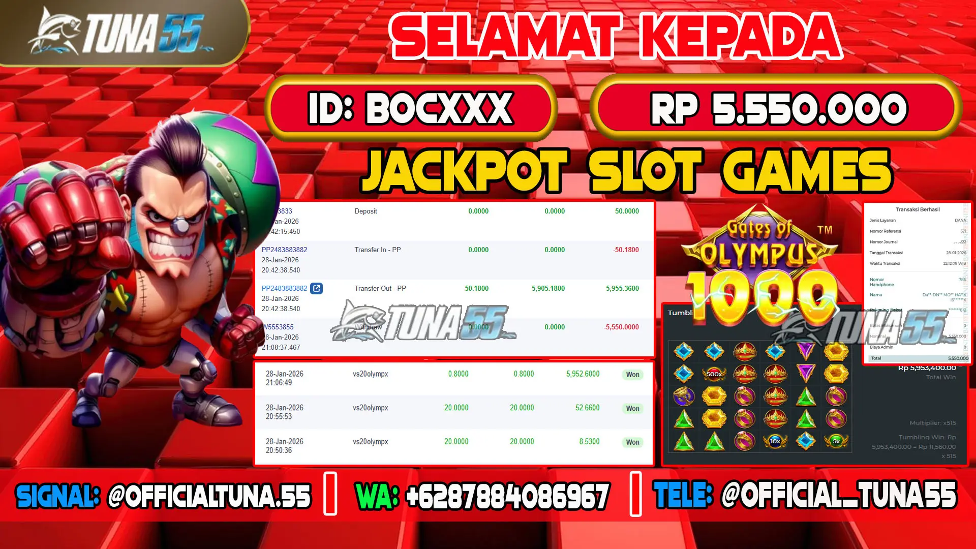 Bukti jackpot slot games Tuna55 dengan kemenangan Rp 5.550.000, menampilkan permainan Gates of Olympus, ID pengguna BOCXXX
