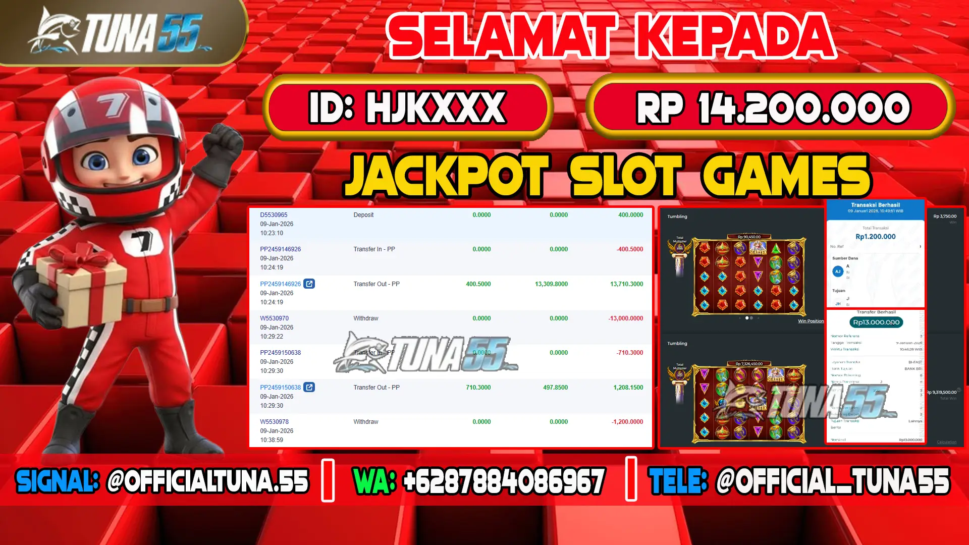 Bukti jackpot slot games Tuna55 dengan kemenangan Rp 14.200.000, menampilkan permainan Gates of Olympus 1000, ID pengguna HJKXXX
