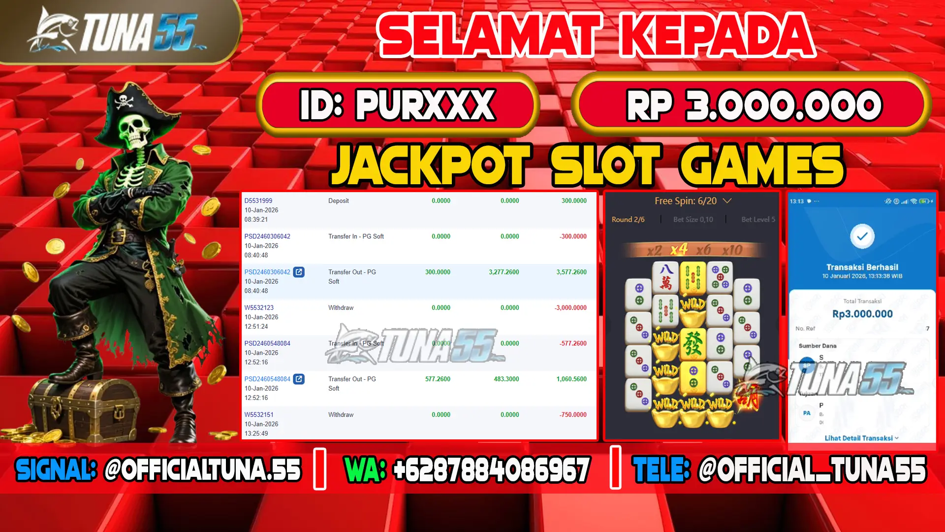 Bukti jackpot slot games Tuna55 dengan kemenangan Rp 3.000.000, menampilkan permainan mahjong ways 2, ID pengguna PURXXX