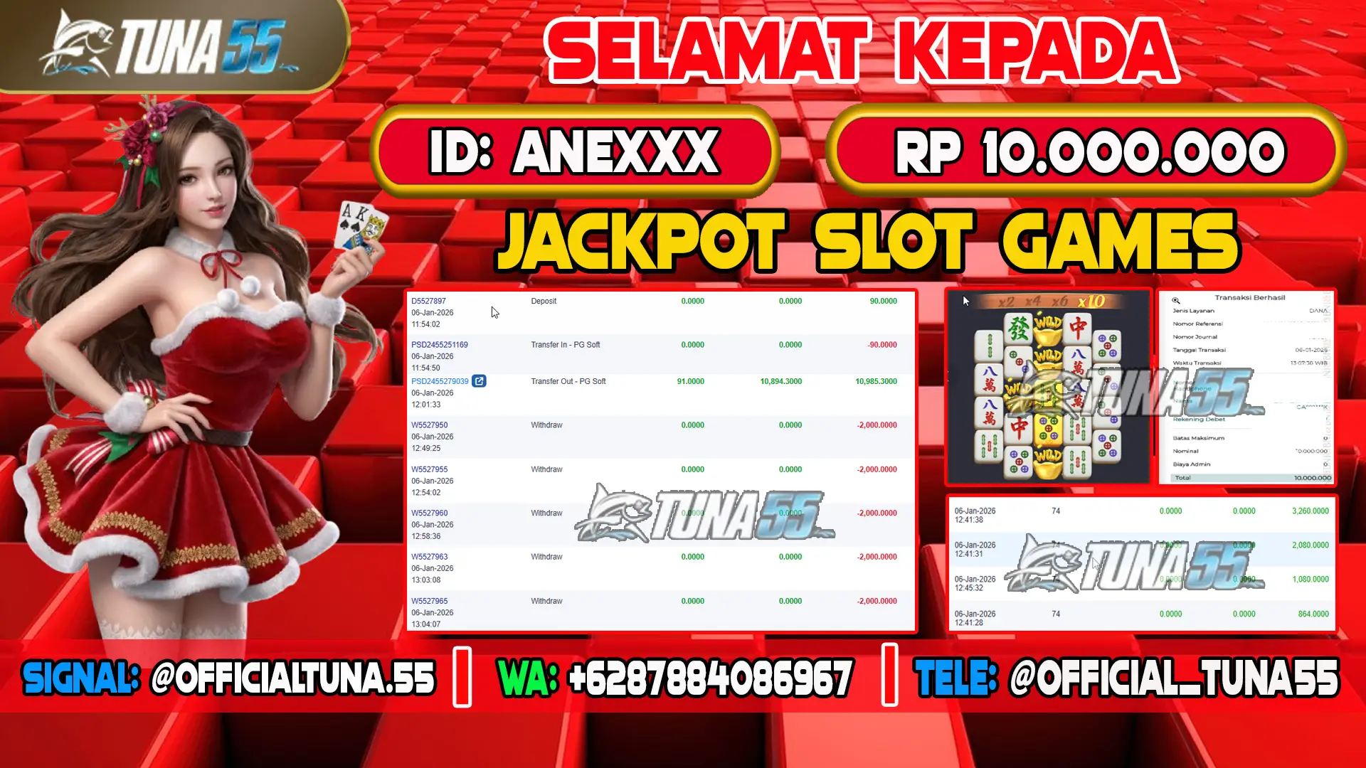 Bukti jackpot slot games Tuna55 dengan kemenangan Rp 10.000.000, menampilkan permainan Mahjong Ways 2, ID pengguna ANEXXX