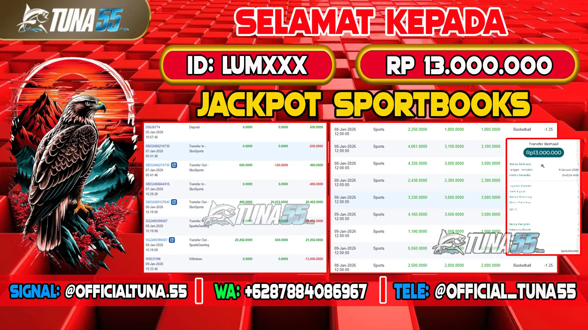 Bukti jackpot sportsbook Tuna55 dengan kemenangan Rp 13.000.000, menampilkan permainan sbobet, ID pengguna LUMXXX