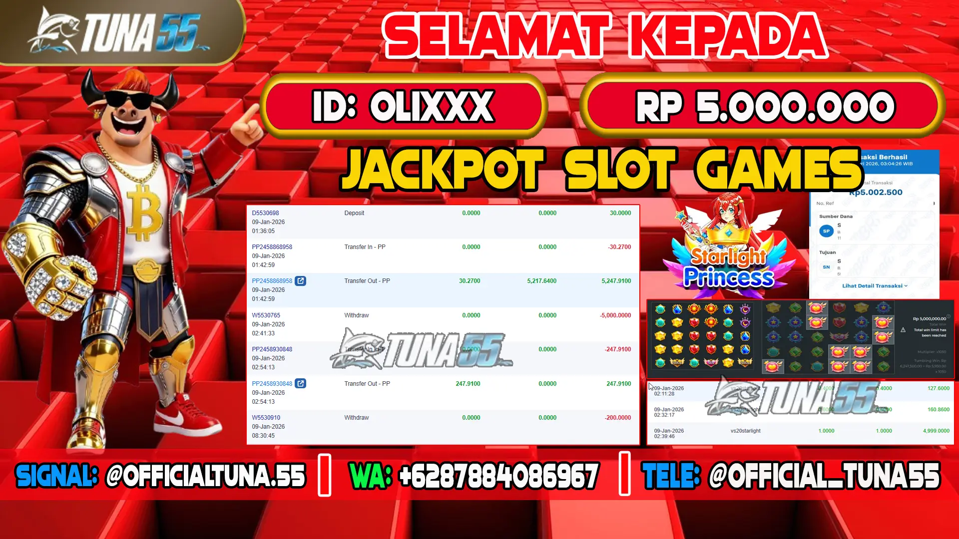 Bukti jackpot slot games Tuna55 dengan kemenangan Rp 5.000.000, menampilkan permainan Starlight Princess, ID pengguna OLIXXX