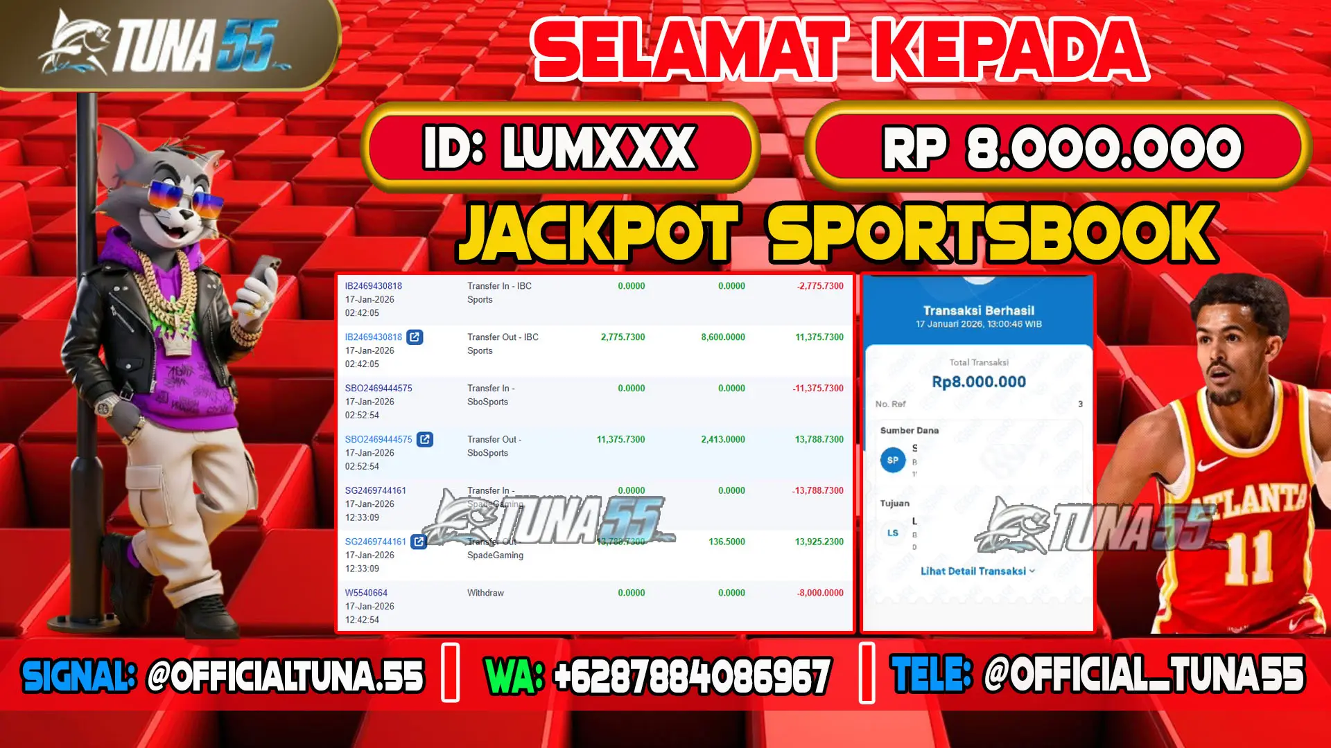 Bukti jackpot Sportsbook Tuna55 dengan kemenangan Rp 8.000.000, menampilkan permainan Basketball, ID pengguna LUMXXX