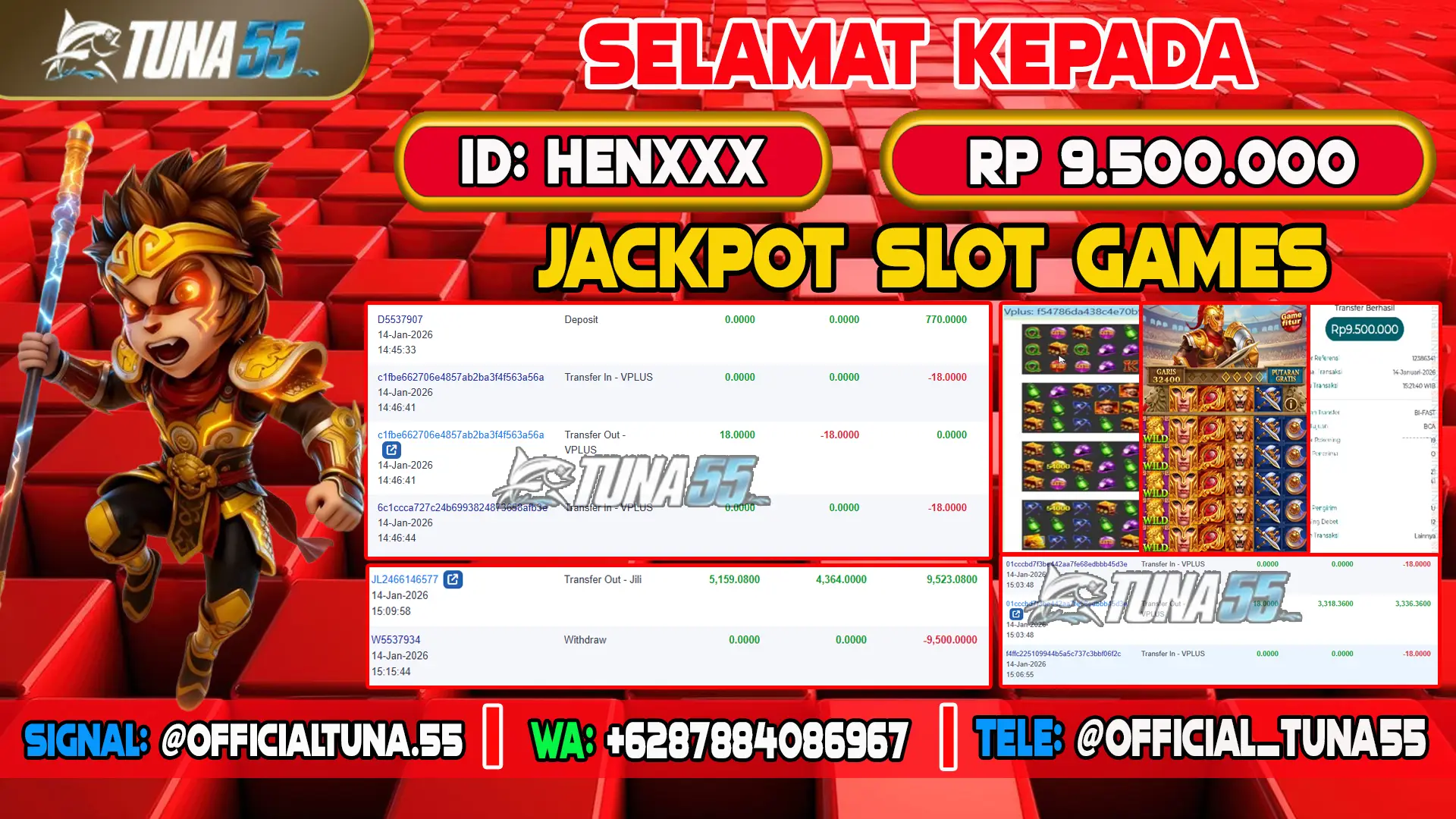 Bukti jackpot slot games Tuna55 dengan kemenangan Rp 9.500.000, menampilkan permainan Roma X Deluxe provider Jili Gems Bonanza provider Vplus, ID pengguna HENXXX