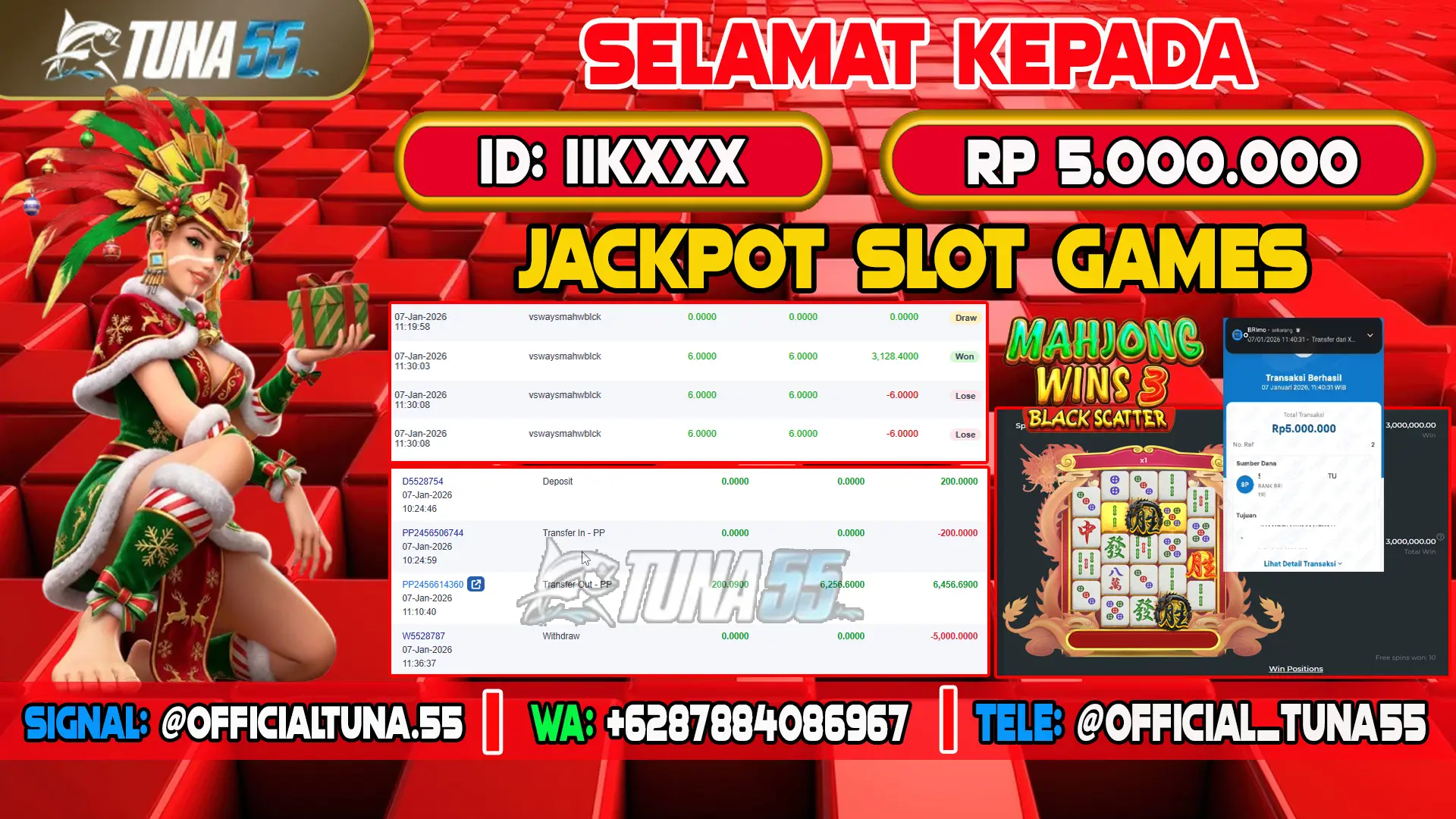 Bukti jackpot slot games Tuna55 dengan kemenangan Rp 5.000.000, menampilkan permainan Mahjong Wins 3 - Black Scatter, ID pengguna IIKXXX