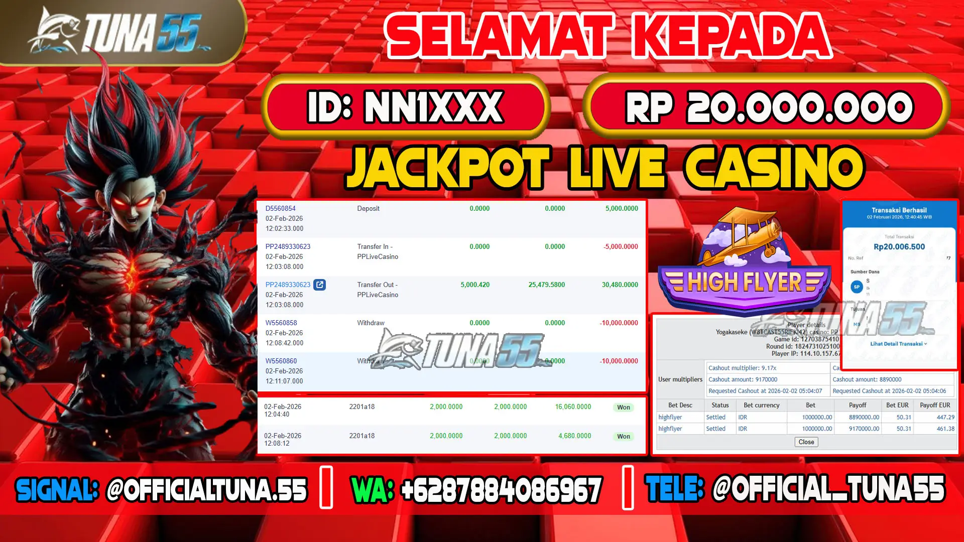 Bukti jackpot Live Casino & Games Tuna55 dengan kemenangan Rp 20.000.000, menampilkan permainan Slot88 High Flyer, ID pengguna NN1XXX
