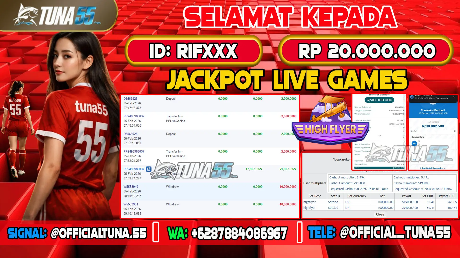 Bukti jackpot Live Casino & Games Tuna55 dengan kemenangan Rp 20.000.000, menampilkan permainan Slot88 High Flyer, ID pengguna RIFXXX
