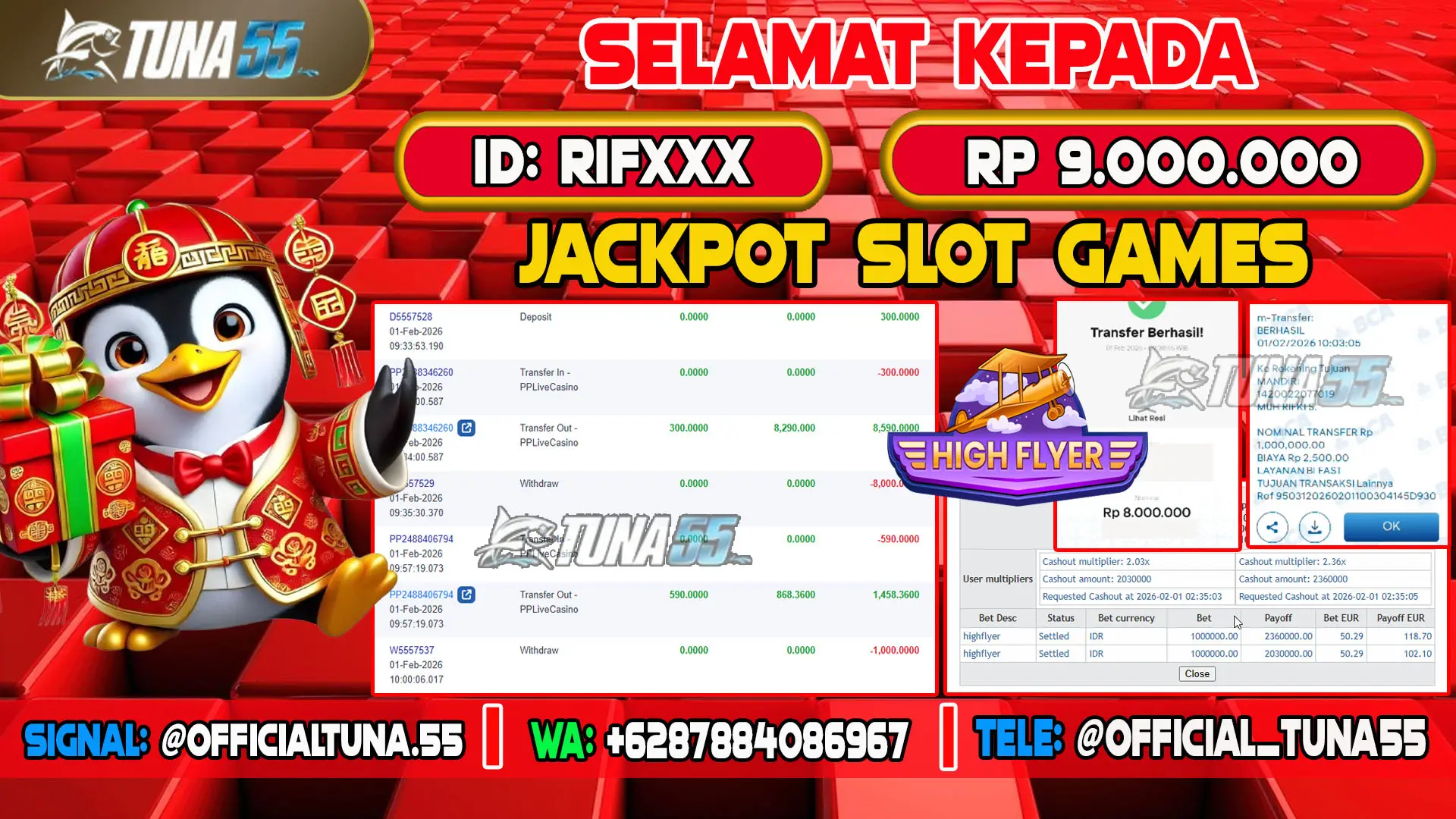 Bukti jackpot Live Casino & Games Tuna55 dengan kemenangan Rp 9.000.000, menampilkan permainan Slot88 High Flyer, ID pengguna RIFXXX