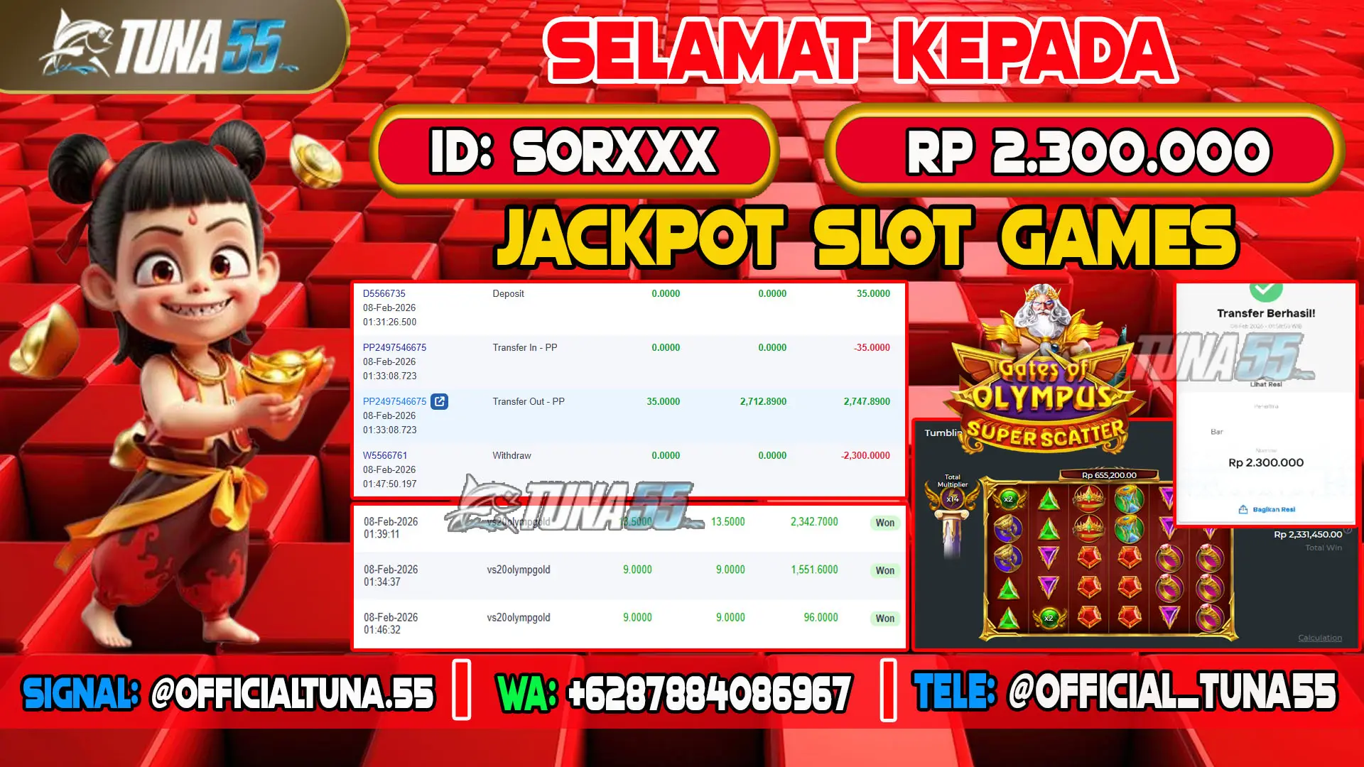 Bukti jackpot slot games Tuna55 dengan kemenangan Rp 2.300.000, menampilkan permainan Gates of Olympus Super Scatter, ID pengguna SORXXX
