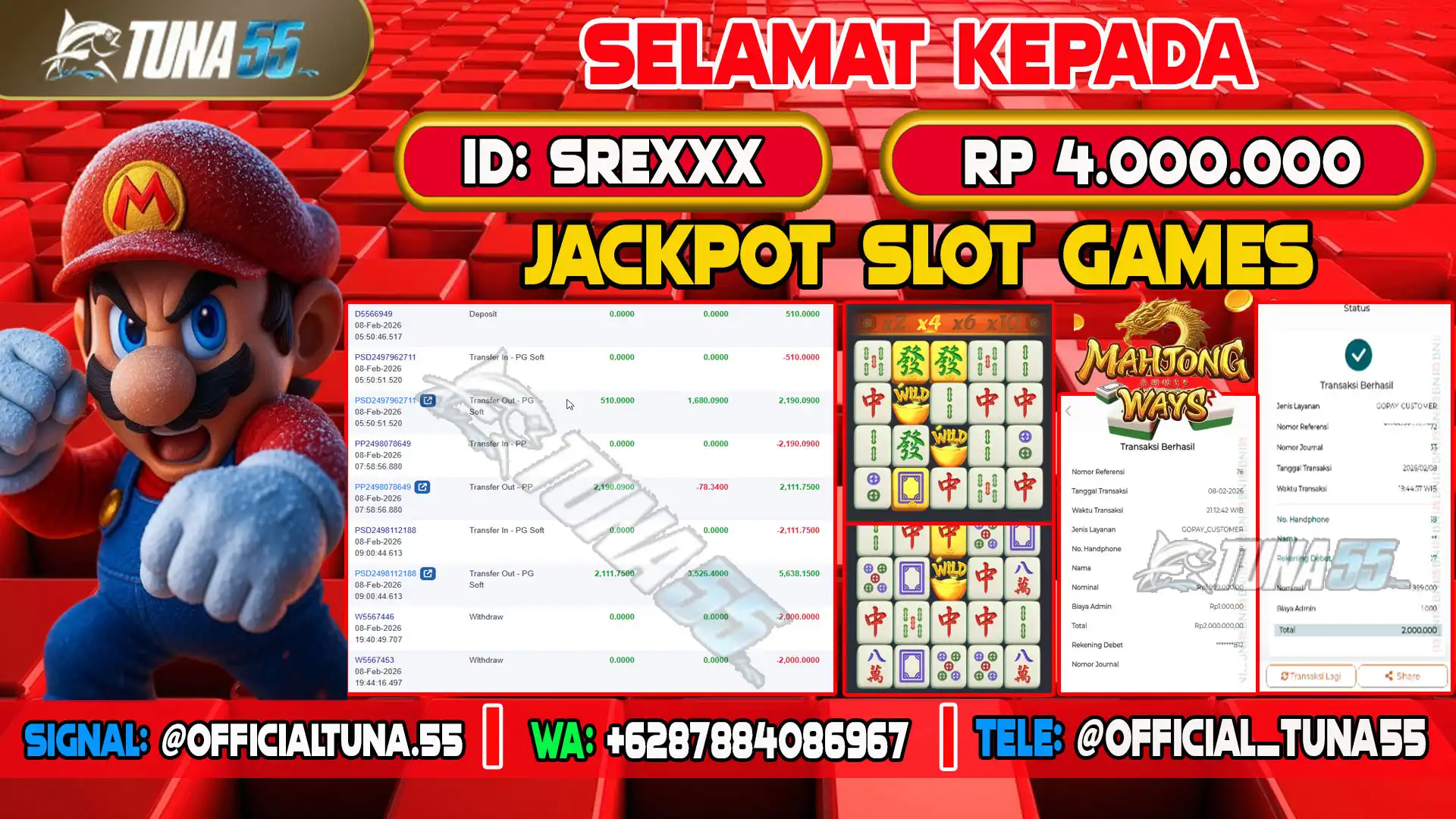 Bukti jackpot slot games Tuna55 dengan kemenangan Rp 4.000.000, menampilkan permainan Mahjong Ways, ID pengguna SREXXX