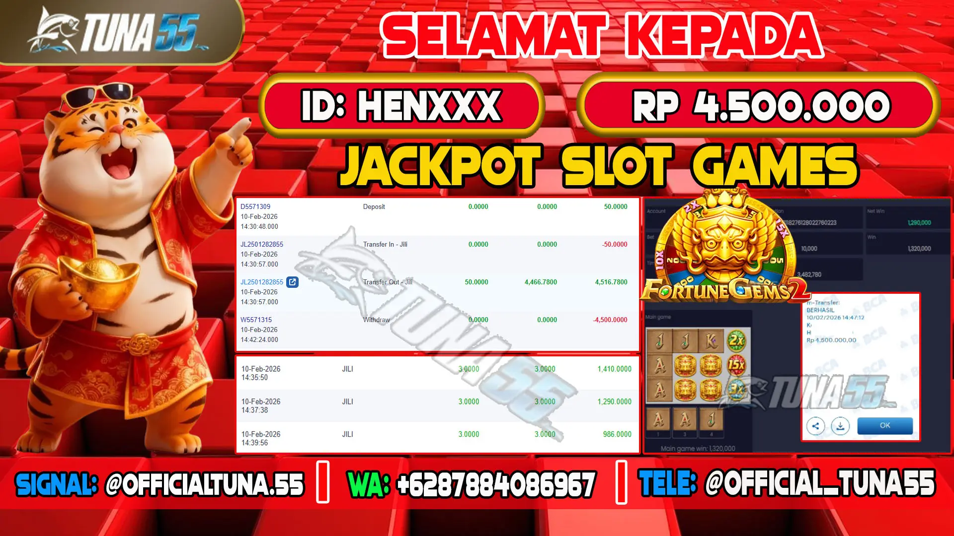 Bukti jackpot slot games Tuna55 dengan kemenangan Rp 4.500.000, menampilkan permainan Fortune Gems 2, ID pengguna HENXXX