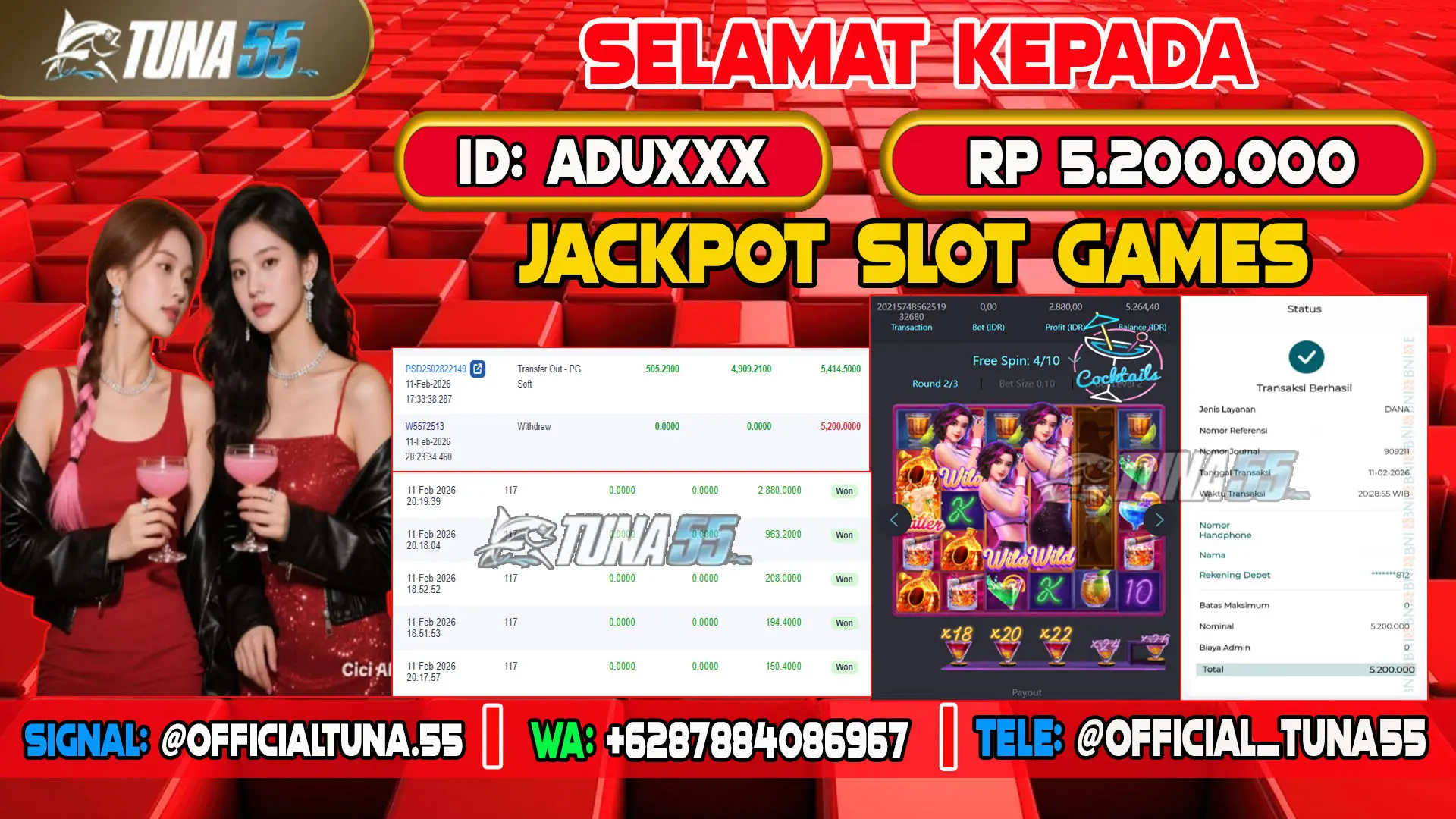 Bukti jackpot slot games Tuna55 dengan kemenangan Rp 5.200.000, menampilkan permainan Cocktail Nights, ID pengguna ADUXXX
