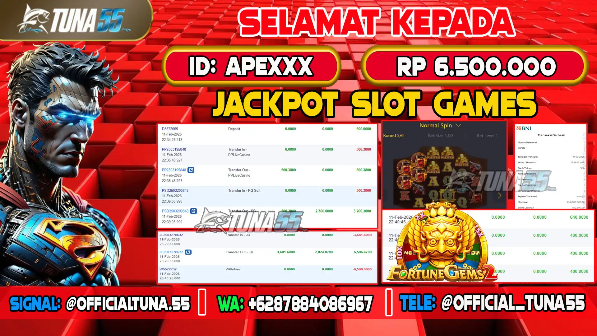 Bukti jackpot slot games Tuna55 dengan kemenangan Rp 6.500.000, menampilkan permainan Wild Bounty Showdwon dan Fortune Gems 2, ID pengguna APEXXX