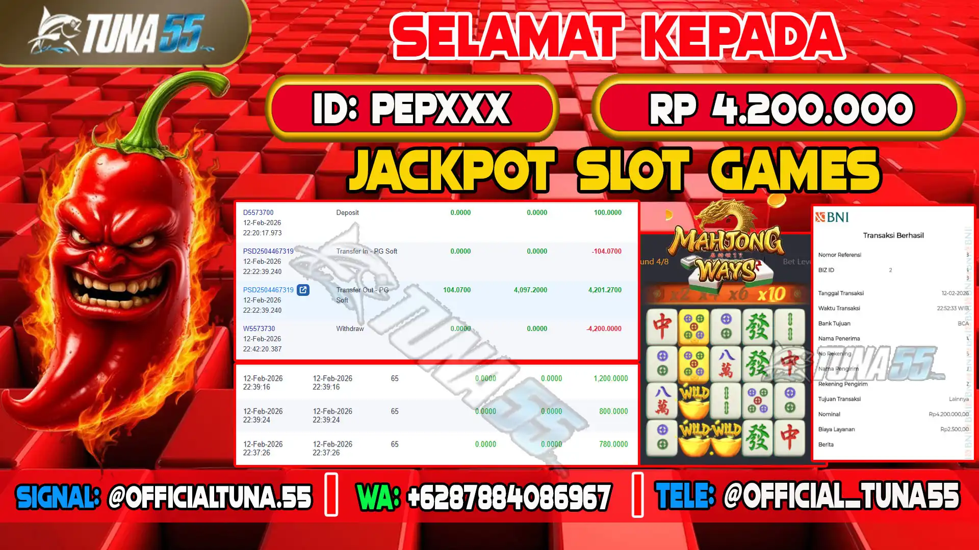 Bukti jackpot slot games Tuna55 dengan kemenangan Rp 4.200.000, menampilkan permainan Mahjong Ways, ID pengguna PEPXXX