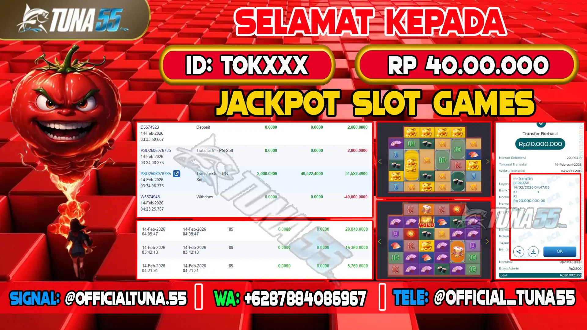 Bukti jackpot slot games Tuna55 dengan kemenangan Rp 40.000.000, menampilkan permainan Lucky Neko, ID pengguna TOKXXX